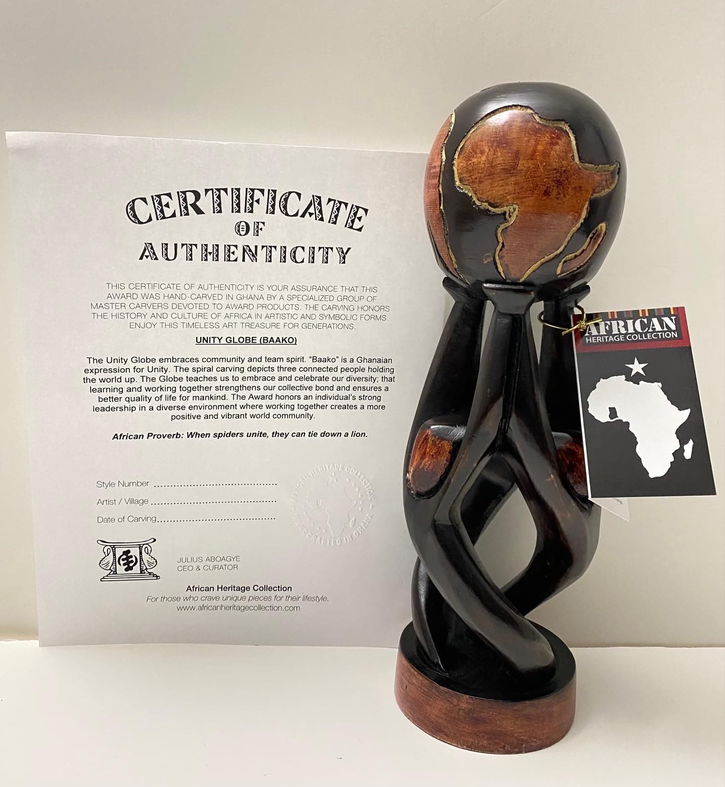 African Unity Globe Wood Recognition Award/Gift 12" - Handmade in Ghana