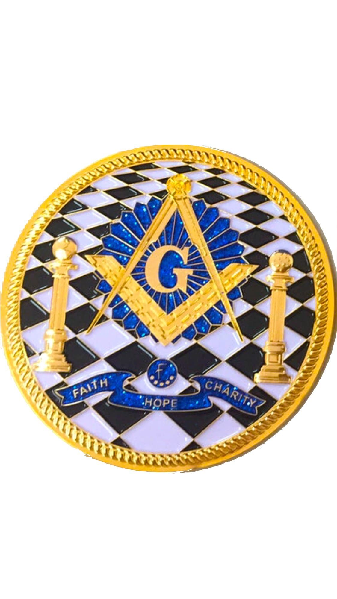 Masonic Checkered Floor Extra Large 3.5 Truck and Car Medallion Heavy Duty Auto Emblem