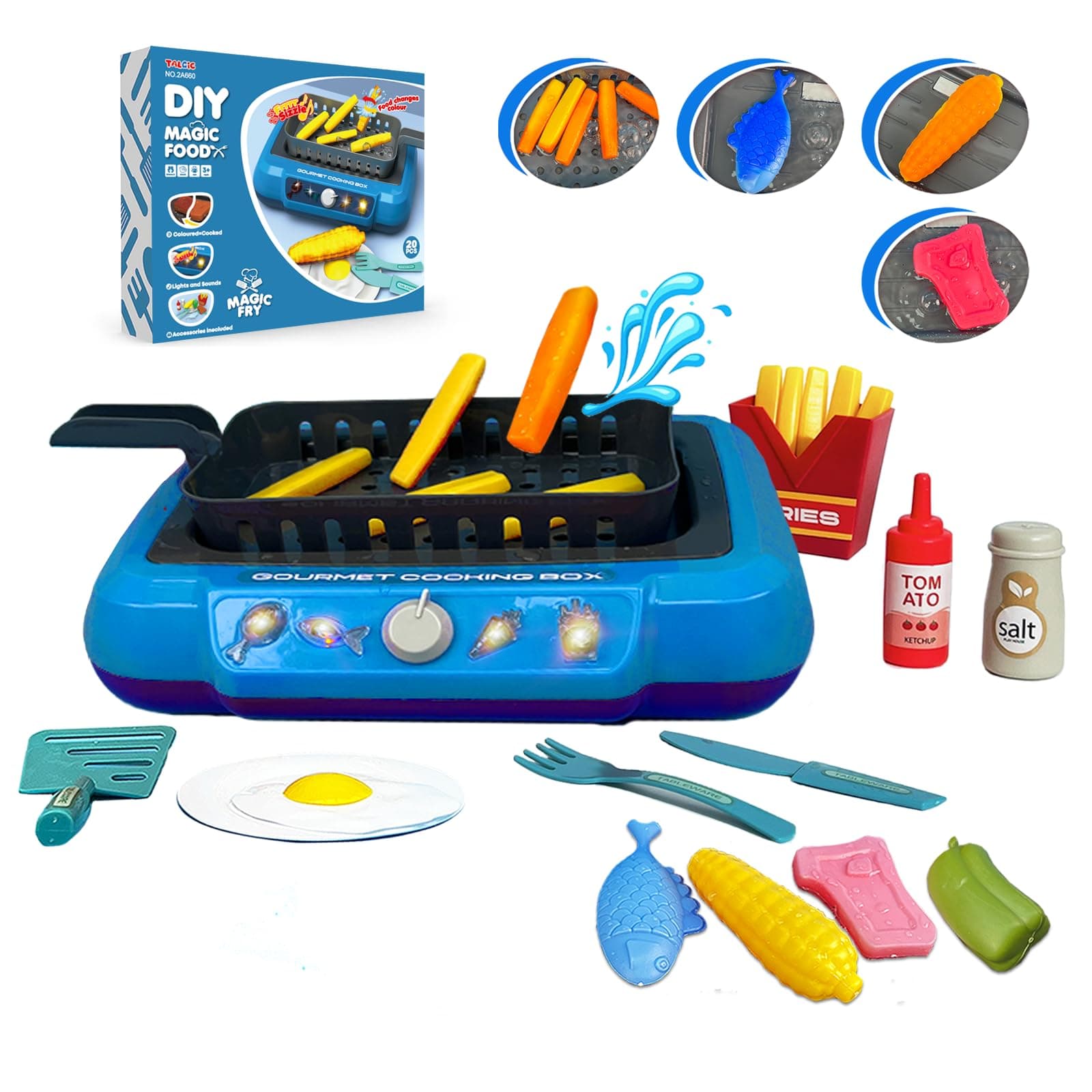 Cooking Simulator Toy with Color Changing Accessories, 20 PCS Fun Frying Kit Gourmet Cooking Box, Magic Fry Simulation Cooking Toy with Sound & Light & Bubble Grill Surface for Kids 3-8-Blue