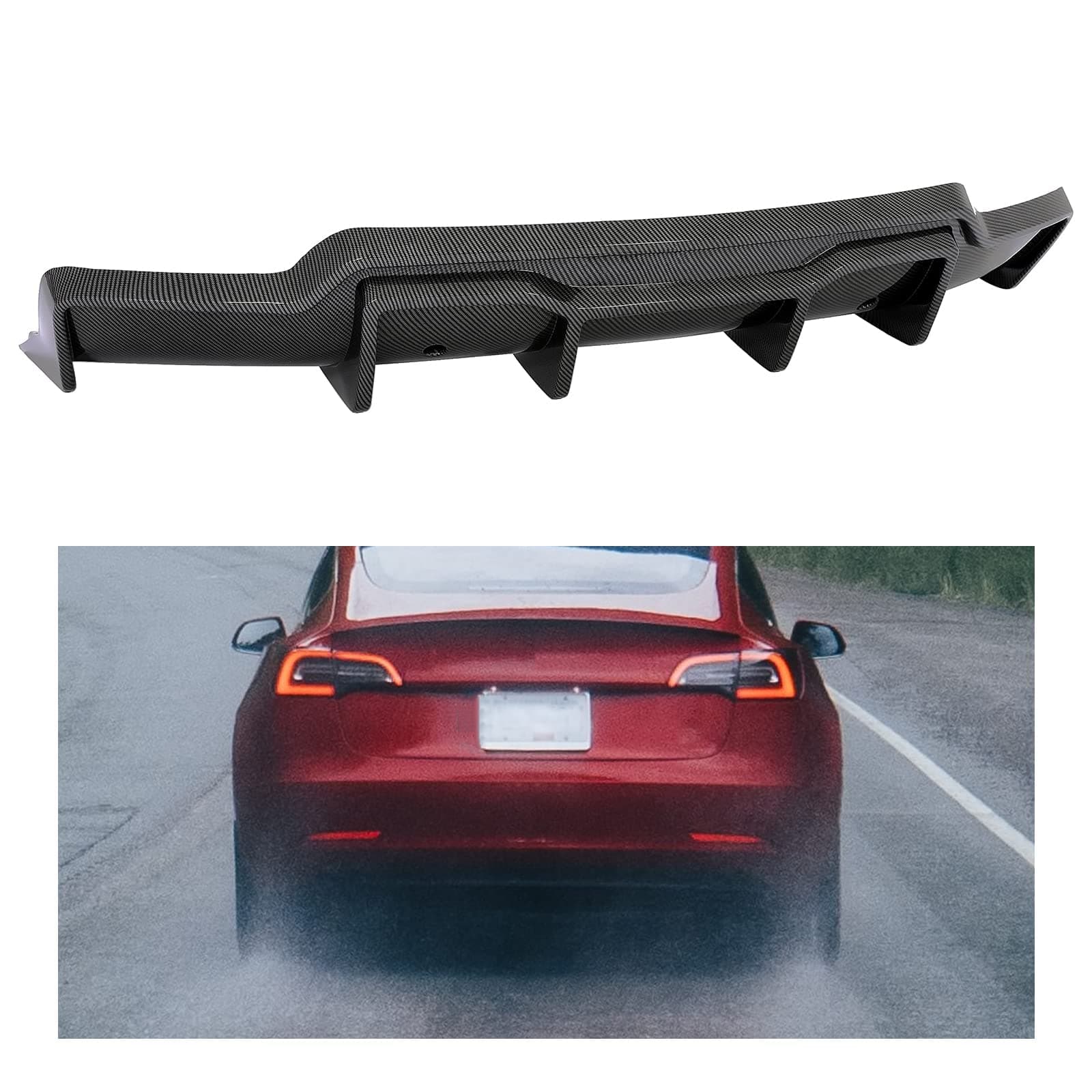 KUAFU Rear Bumper Diffuser Compatible with 2017-2023 Tesla Model 3 Sedan Lower Bumper Lip Spoiler Valance Protector Body Kit V Style Carbon Fiber Color