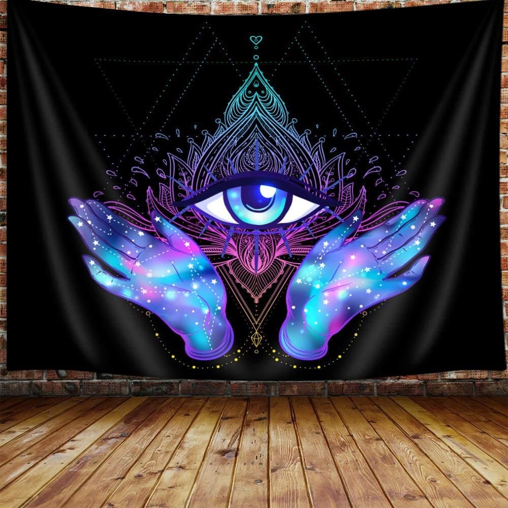 Evil Eye Tapestry, Psychedelic Purple Third 3rd Eye Tapestry Wall Hanging for Men Bedroom, Cool Black Light Spiritual Psychic Hamsa Hand Tapestries Poster Blanket College Dorm Home Decor 60X40Inches