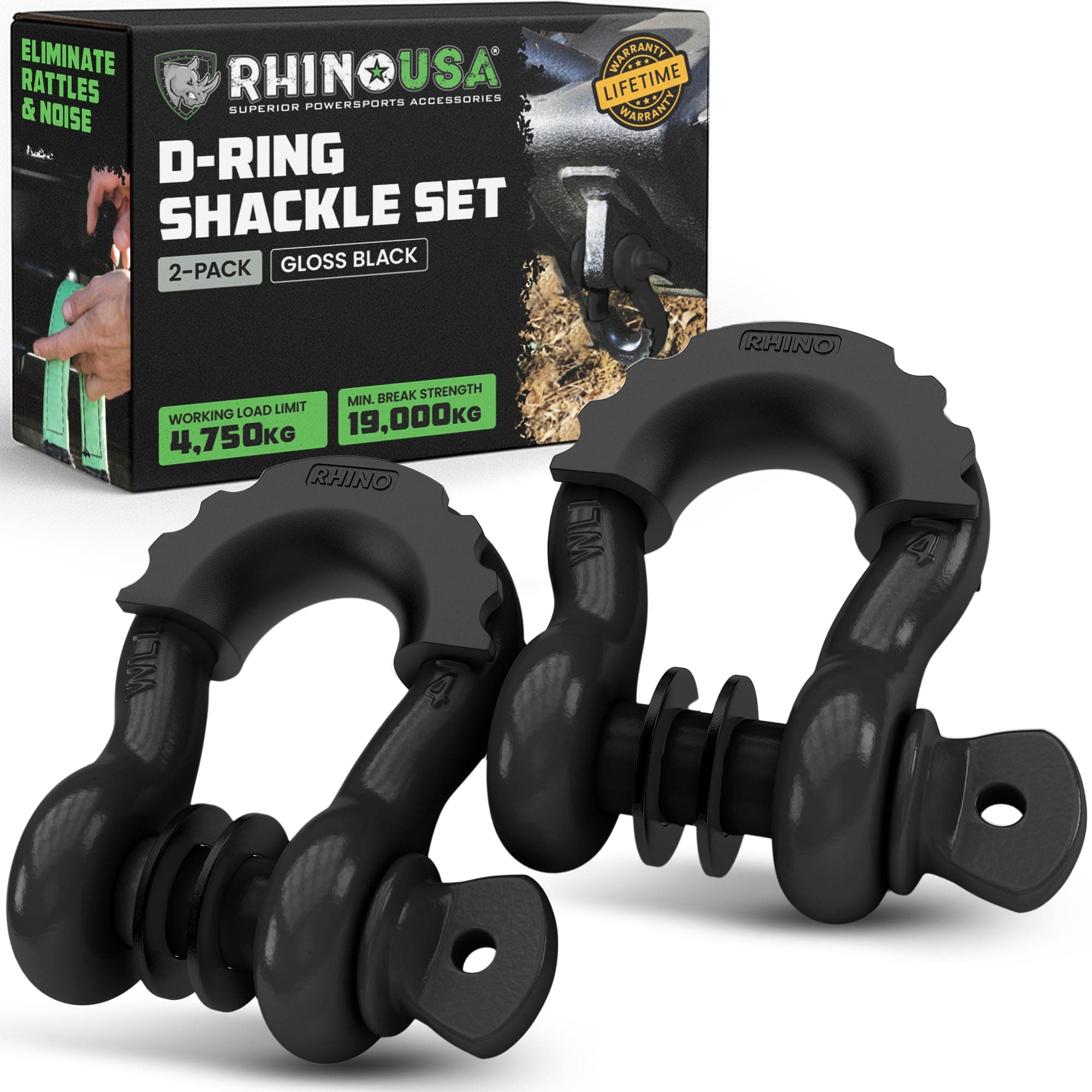 Rhino USA D-Ring Shackles (2-Pack) – 18,983kg Break Strength – Heavy-Duty 1.9cm Clevis Shackle with 2.2cm Pin for Towing & Off-Road Use – Pairs with Tow Strap for Vehicle Recovery (Black)