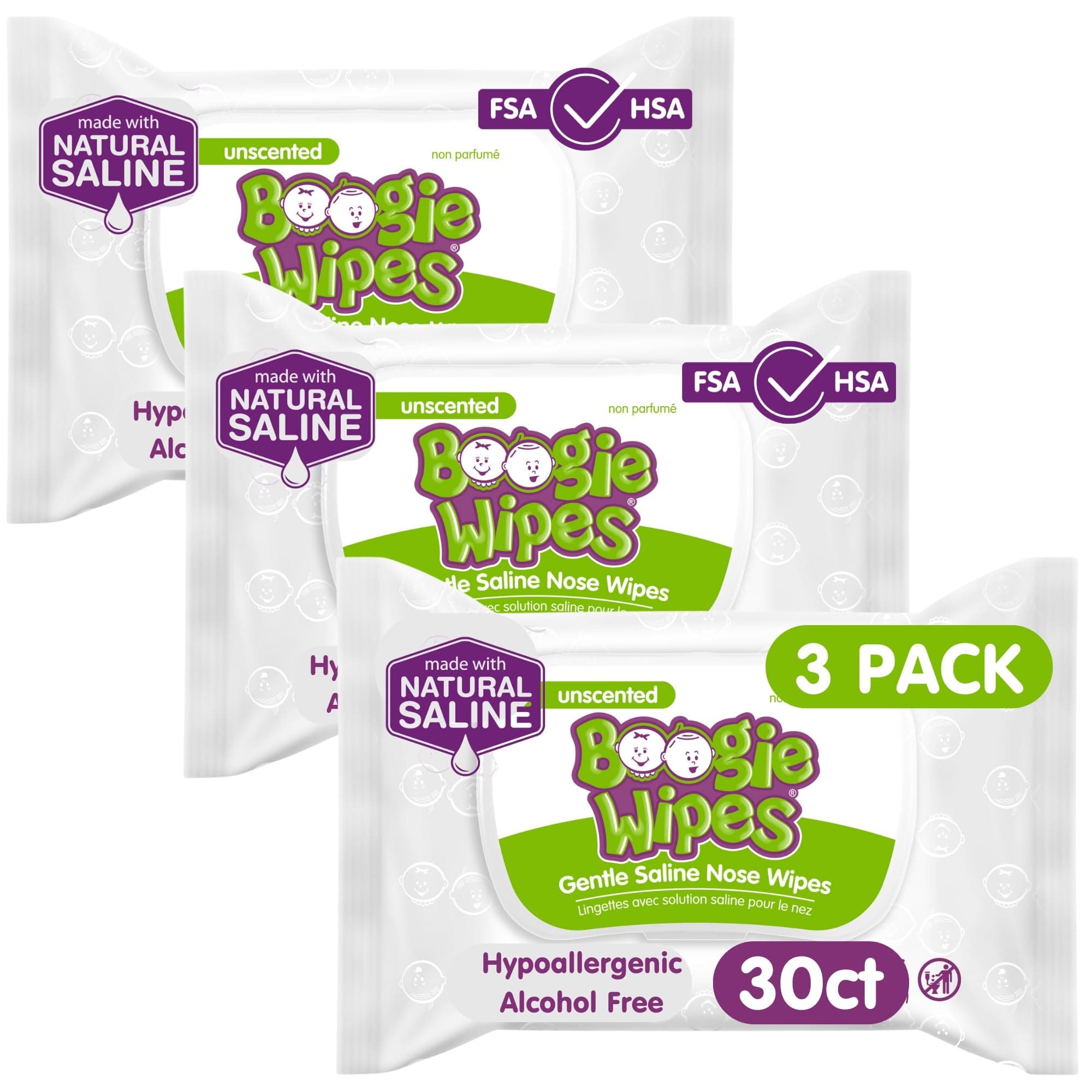 Wipes, Saline Wipes for Baby & Kids, Nose Booger Wipes for Allergy Relief, Face, Hand & Body, Made with Vitamin E, Aloe and Natural Saline, Unscented, 30 Count (Pack of 3)