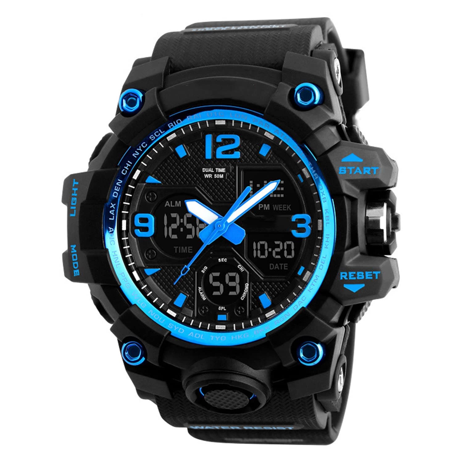 Jelercy Boy Dual Dial Analog Digital Watch 5 ATM 50M Waterproof Shock Oversized Face Running Sports Watches for Men,Blue