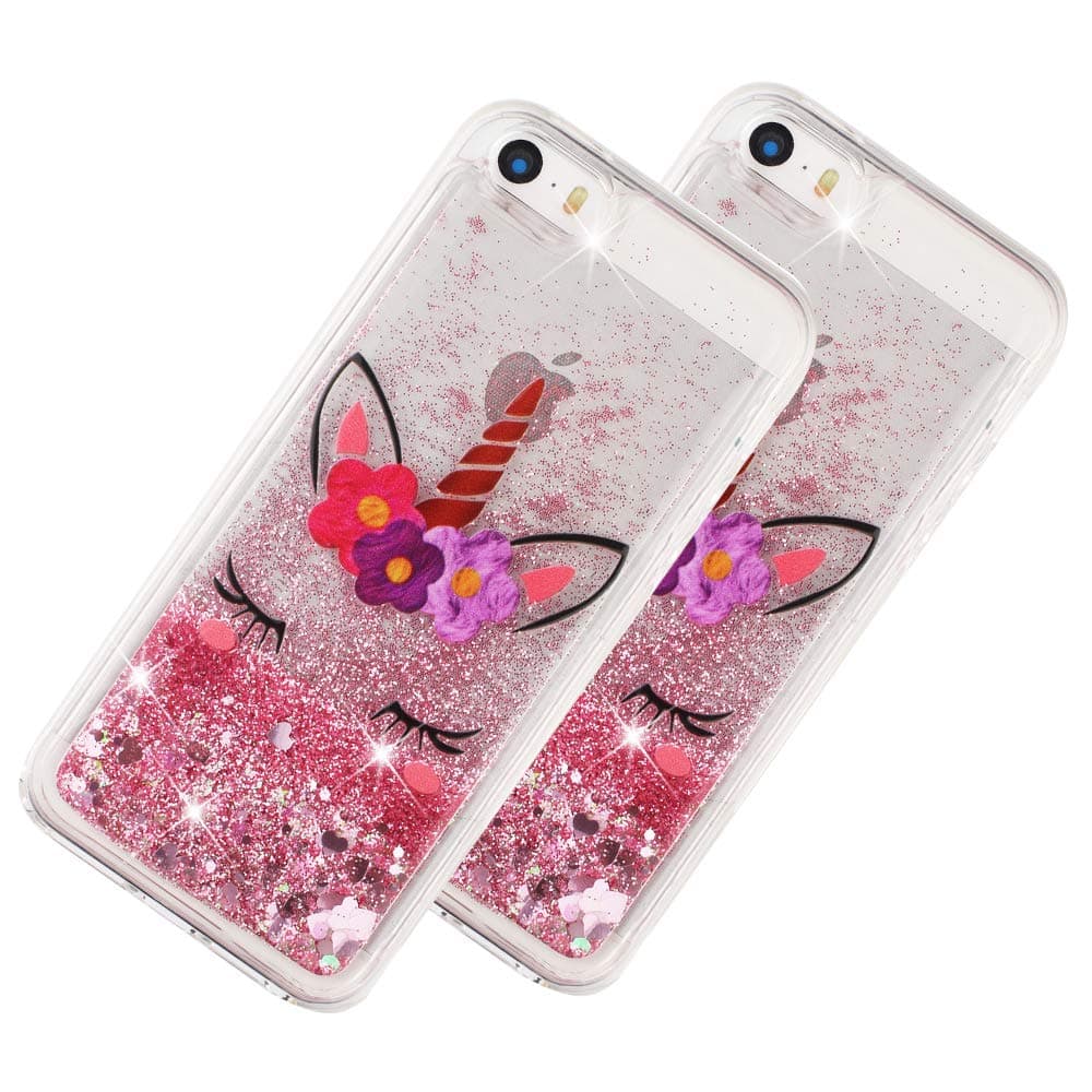 LEECOCO iPhone 5S Case Dandelion Bling Glitter Liquid Shiny Quicksand Clear Transparent Soft TPU Silicone Shockproof Protection Bumper Cover for iPhone 5 / 5S / SE Unicorn LS XY