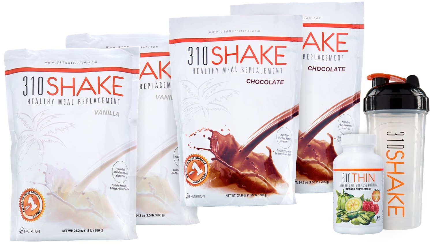 310 Chocolate (28 SRV) - Healthy Meal Replacement Shake (Qty 4) + 310 Thin + 310 Metaboost + (2) 310 Shaker Cups with eBook (Chocolate/Vanilla 1.0)