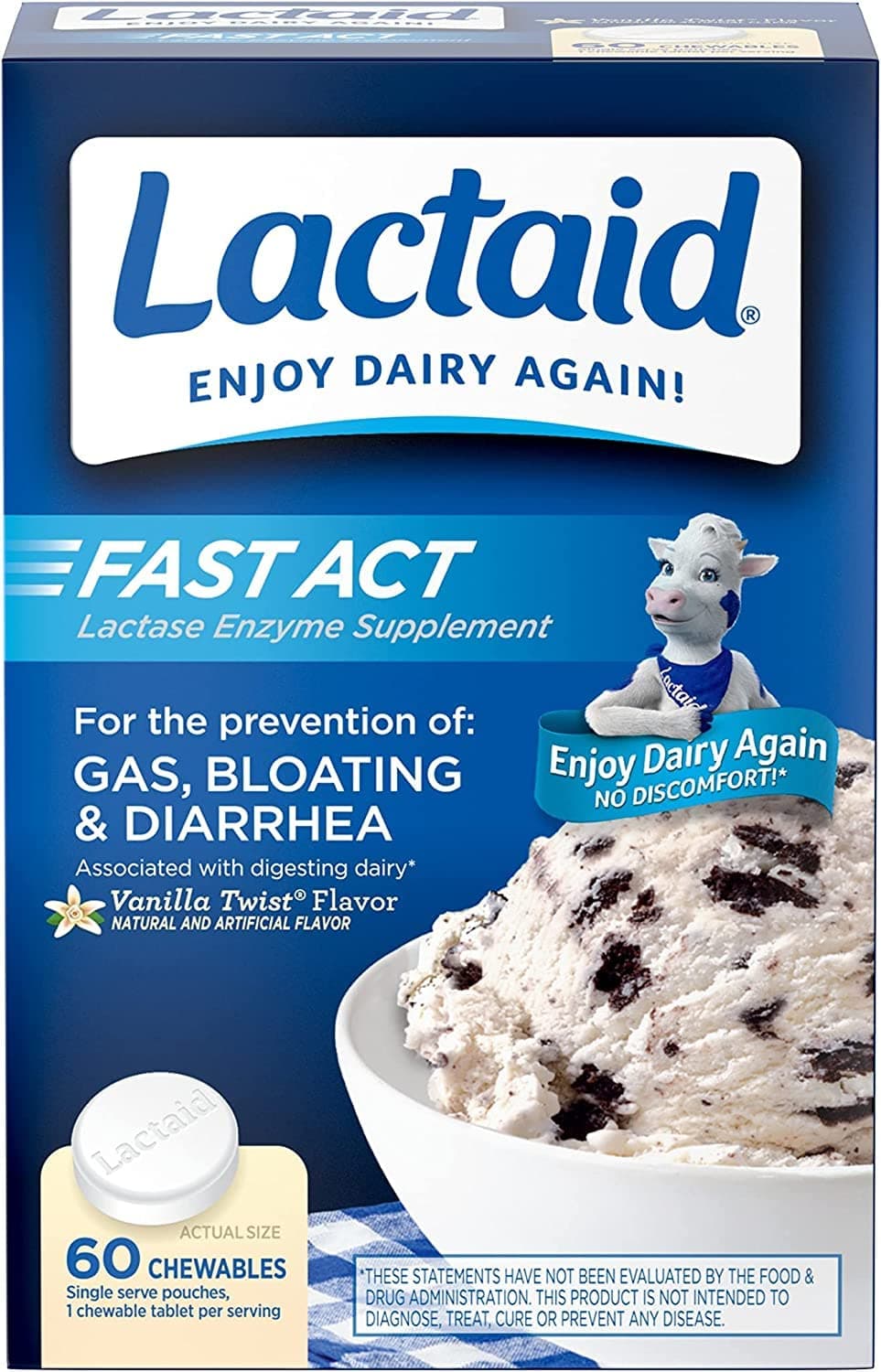 LactaidFast Act Lactose Intolerance Relief Chewables with Natural Lactase Enzyme to Prevent Gas, Bloating & Diarrhea Due to Lactose Sensitivity, On-the-Go, Vanilla Twist Flavor, 60 x 1 ct (Pack of 4)