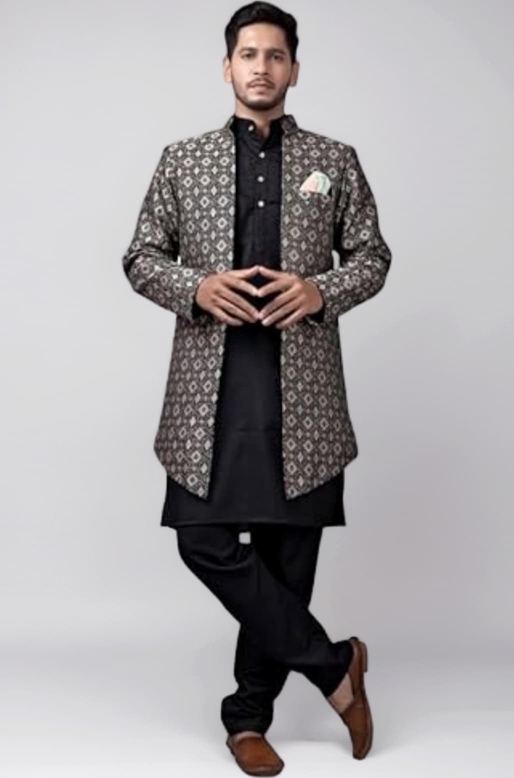 Amzira Men's Woven Printed Cotton Jacuqard Kurta Pajama Jacket with Long Sleeve Hip Length and Pull On Closure Type Jacket