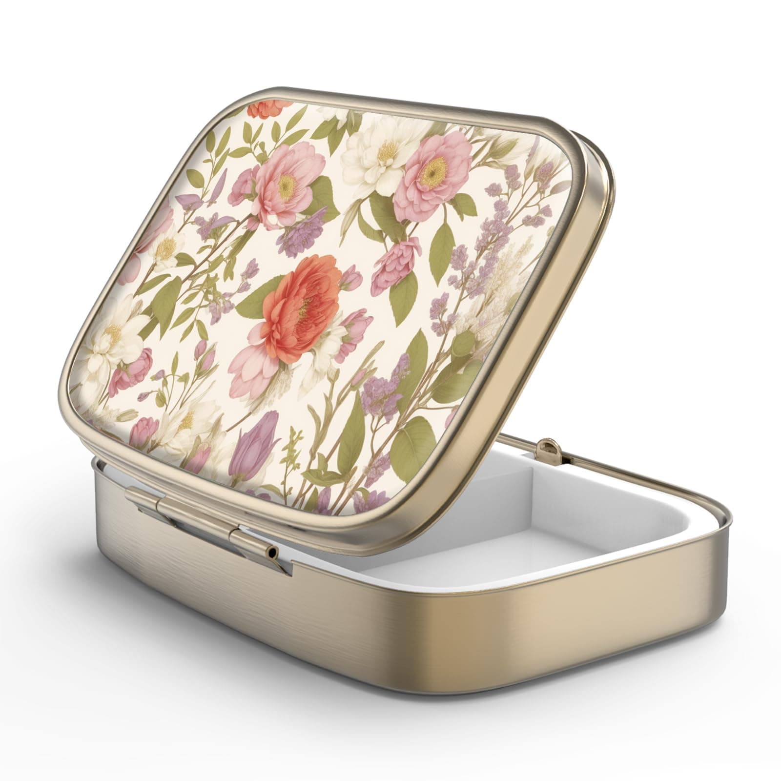Hion Pill Case Pill Box with Mirror Retro 2 Compartment Small Pill Case for Purse or Pocket Bronze Rectangular Pill Box Decorative Metal Medicine Vitamin Organizer Unique Gift（Retro Red Flowers）