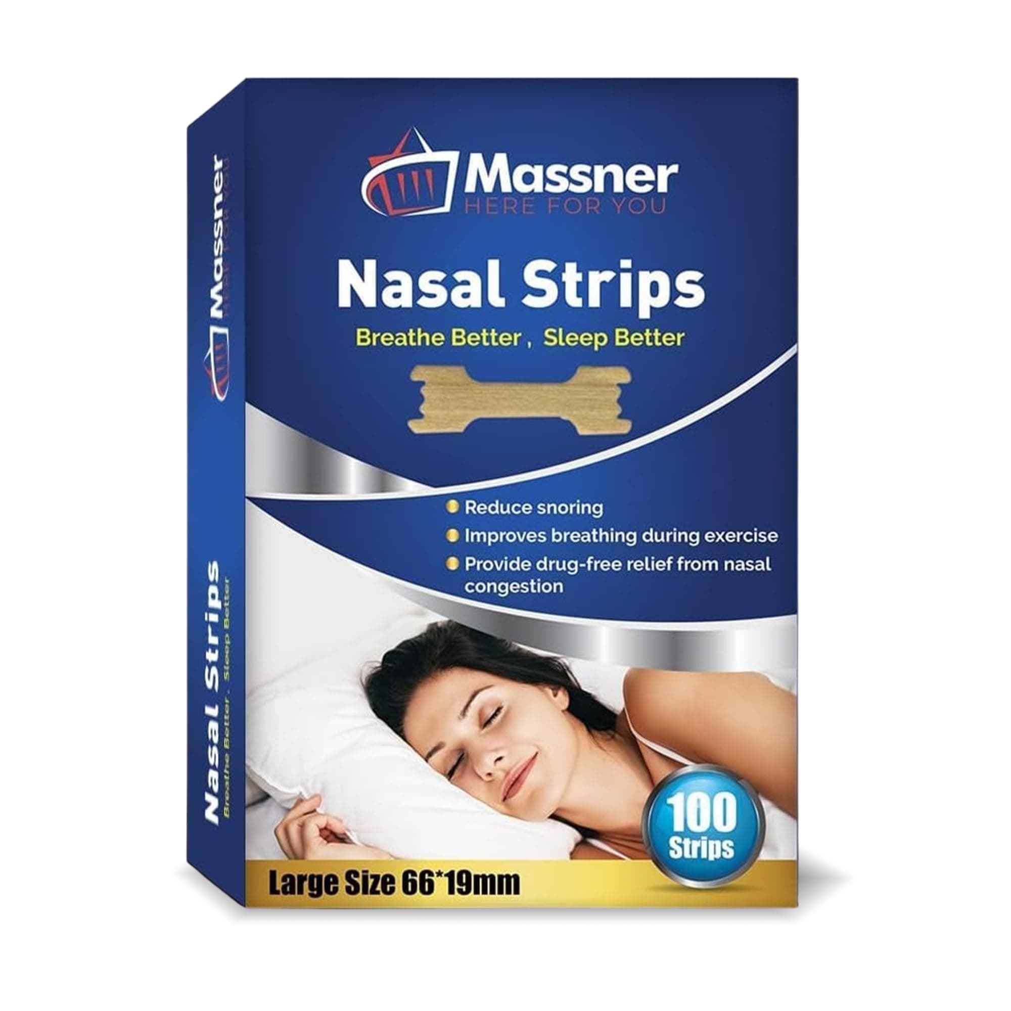 Nose Strips for Breathing by Massner, Large Breath Strips for Sleeping, Snoring Support, Stuffy Nose and Congestion Relief - Better Night Airflow, 100 Nasal Strip