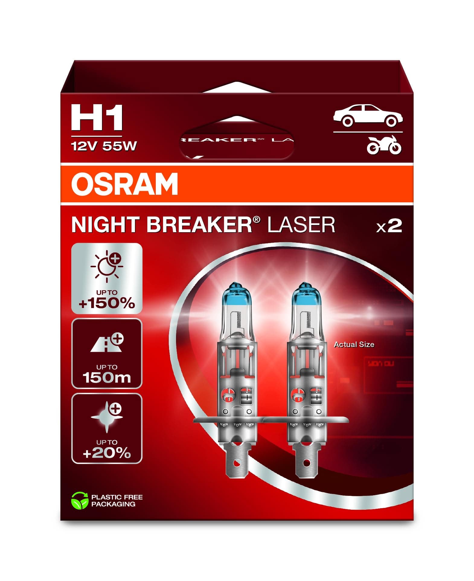 OSRAM NIGHT BREAKER LASER H1, +150% more brightness, halogen headlight lamp, 64150NL-2HB, 12V, Hanging folding box (2 lamps)