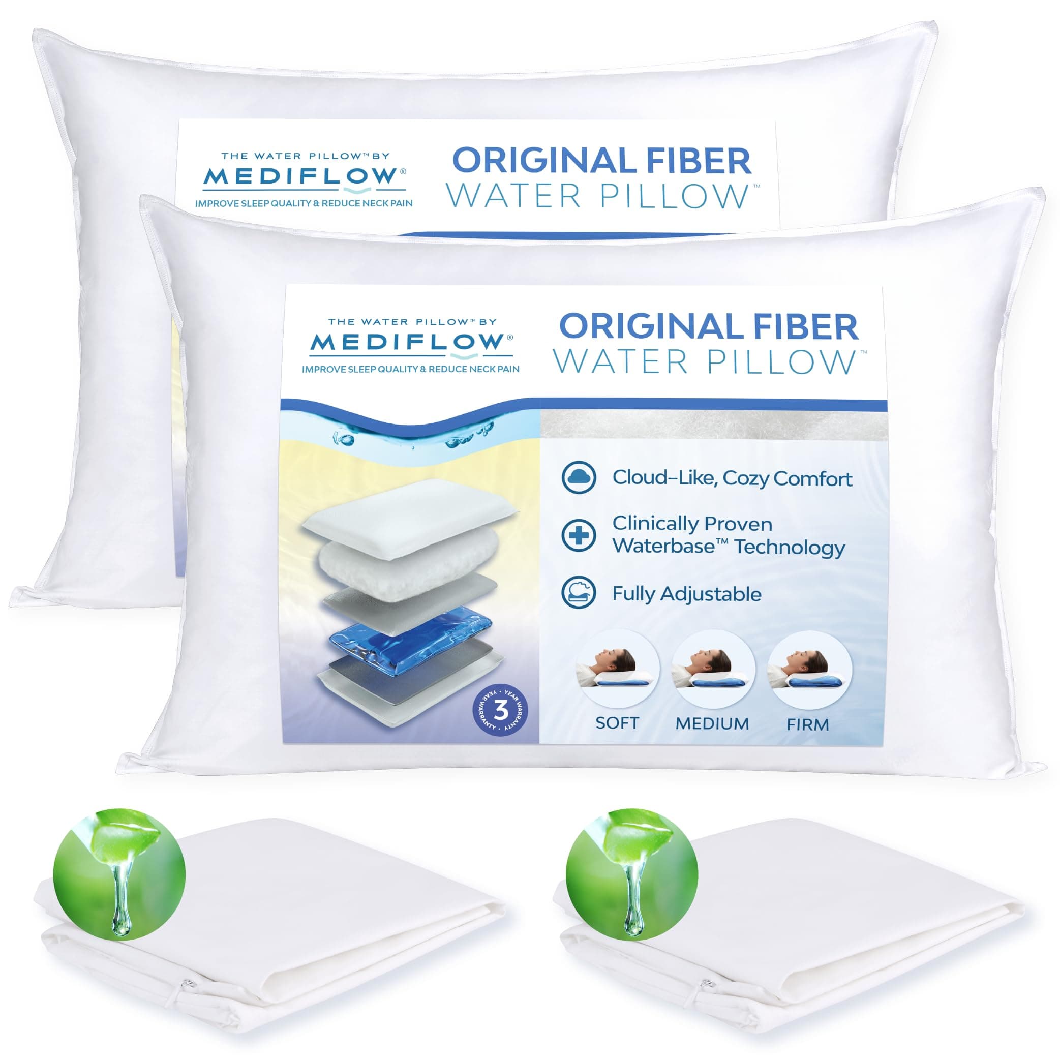 Fiber Water Pillow - Adjustable Pillow for Neck Pain Relief, Pillow for Side, Back, and Stomach Sleepers, The Original Inventor of The Water Pillow (2 Pillows, 2 Aloe Vera Pillow Covers)