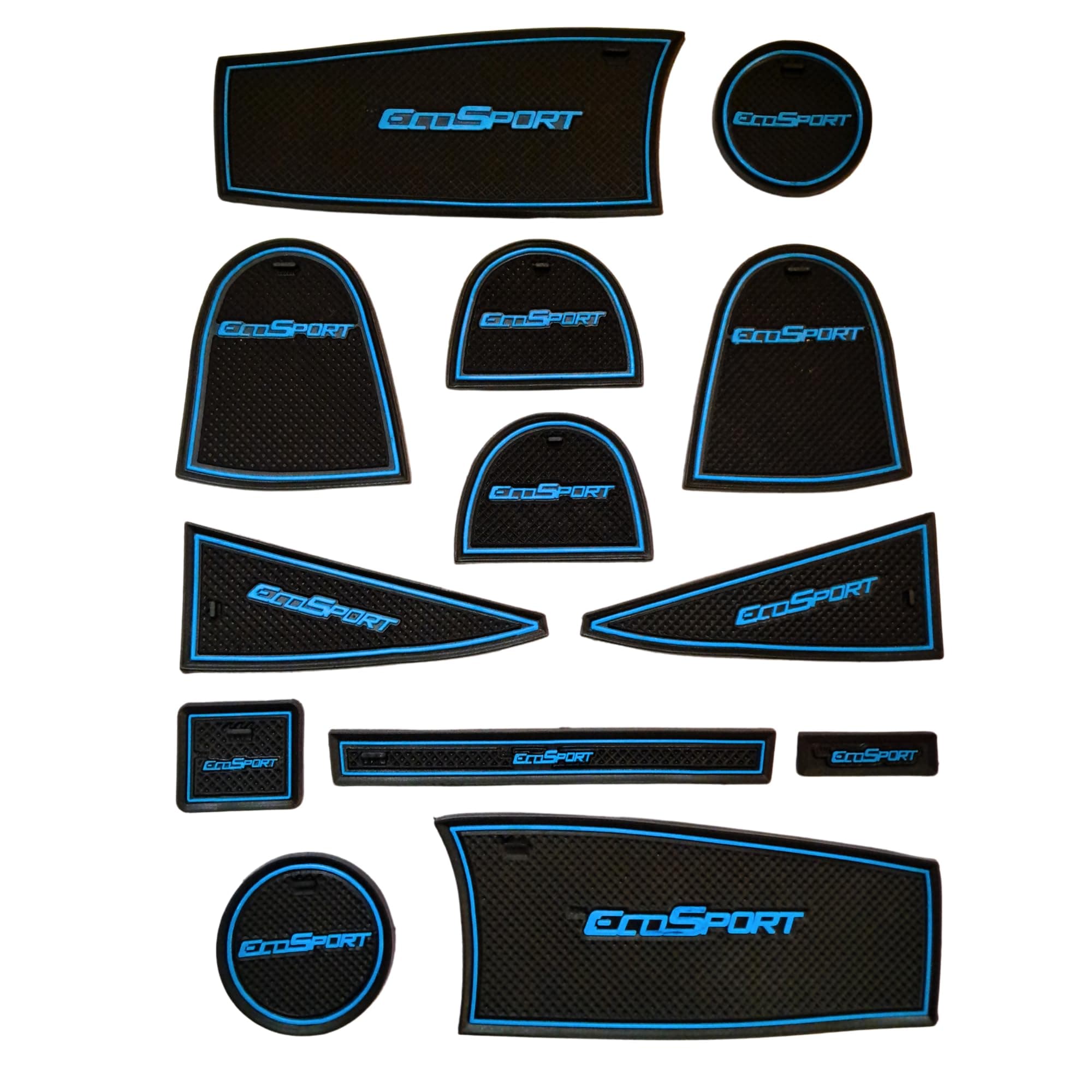 Door Cup Mats for Ford EcoSport 2018 to 2021 Models Only, Premium Interior Car Accessories, Anti-Slip, Dust-Proof, Waterproof, Set of 13 Pieces, SUV Styling Kit - Blue Trim