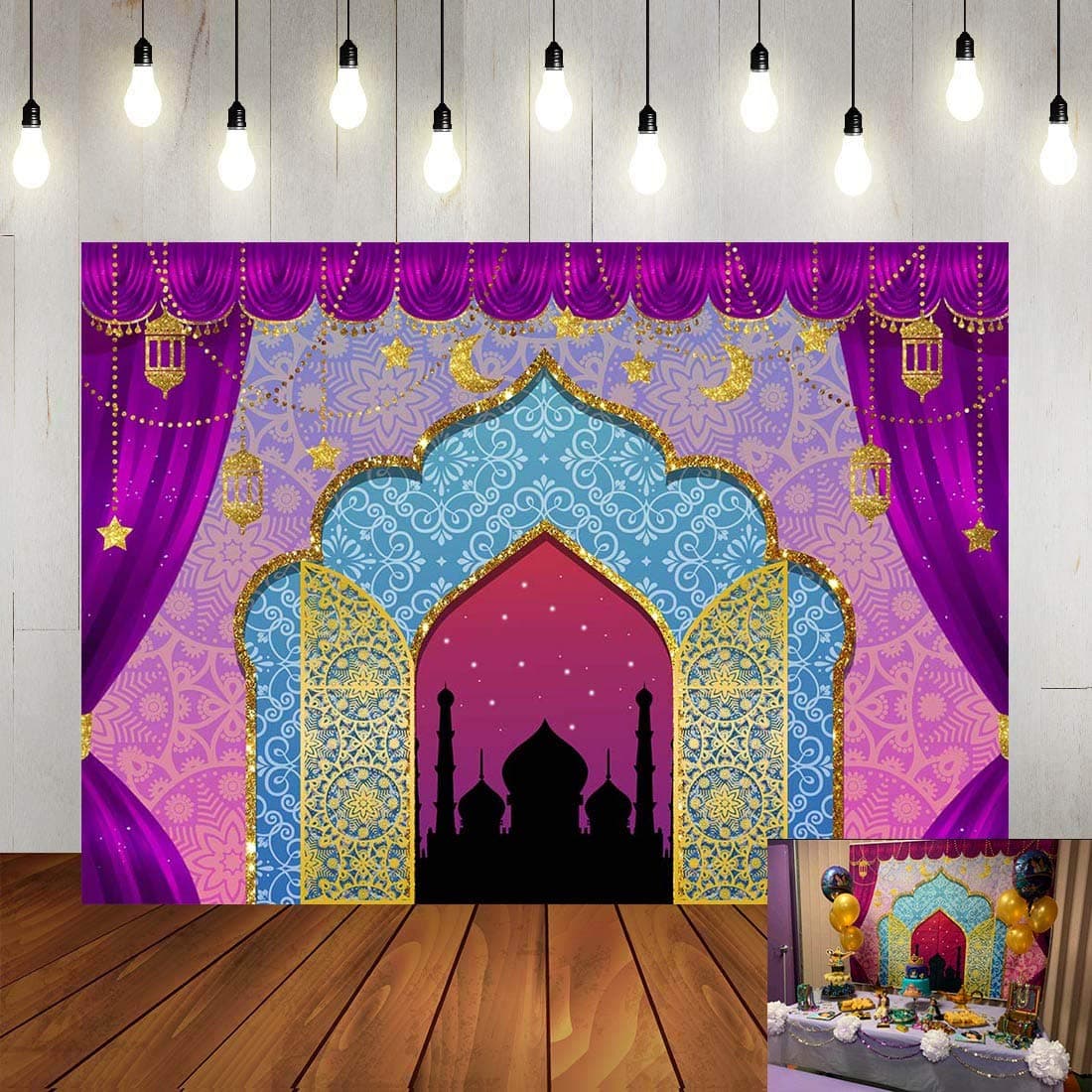 Art Studio 7x5ft Arabian Nights Magic Genie Theme Photography Backdrop Moroccan Birthday Party Decor Banner Gold Glitter Indian Bollywood Princess Girl Sweet 16 Photo Background Booth Studio Props