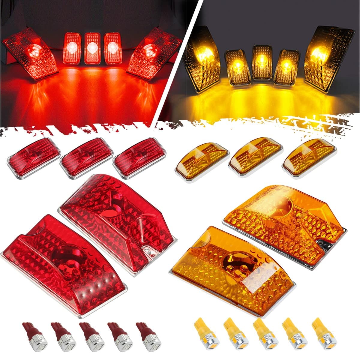 Replacement for Hummer H2 Cab Roof Lights Housing 2003-2009 and Hummer H2 SUT Cab Roof Top Clearance Marker LED Light Lamps 2005-2009 Front Rear w/T10 194 168 W5W Led Bulbs(5Amber+5Red)