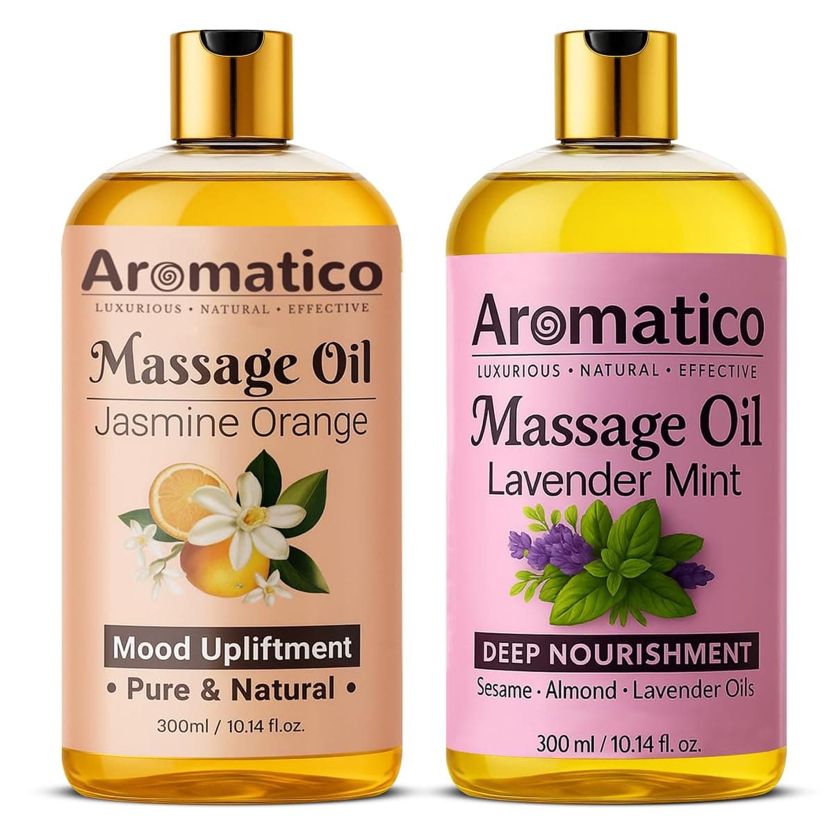 AROMATICO - Lavender Mint & Jasmine Orange Massage Oils Pack of 2. For Mood Upliftment, Muscle Relaxation & Skin Nourishment, 100% Natural, Non-Sticky 300ml Pack of 2