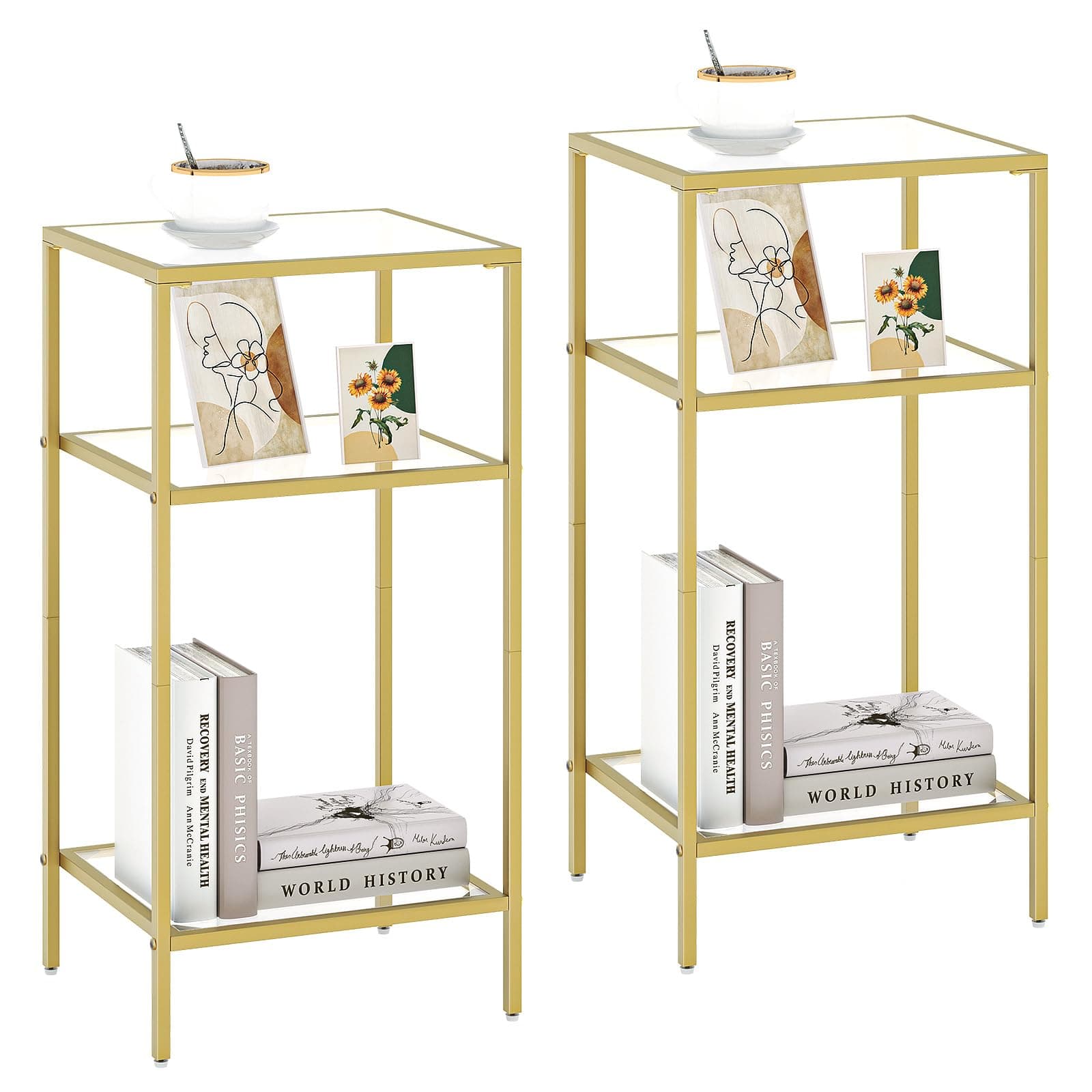 Homhedy 3-Tier Side Tables Set of 2, End Tables with Tempered Glass, Nightstands with Storage Shelves, Slim Sofa Tables for Living Room, Bedroom (2, Golden)