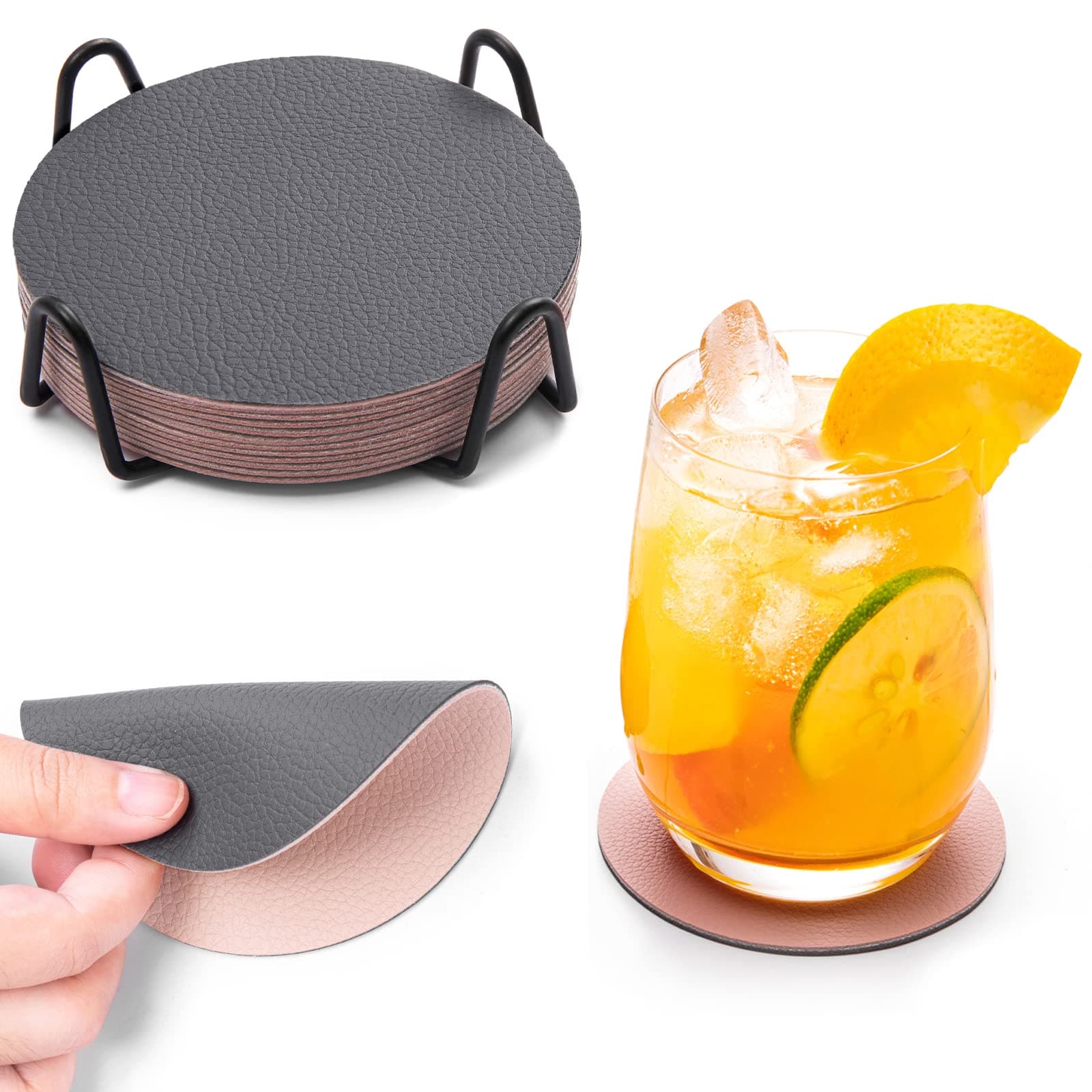 Chitomars Coasters,Leather Coasters Set of 12 for Drinks Outdoor Coasters with Holder Mug Coaster Non Slip Anti-Heat Cup Mats for Coffee Beer Mug Wine Glass Bottle Home and Bar (Round, Grey Pink)