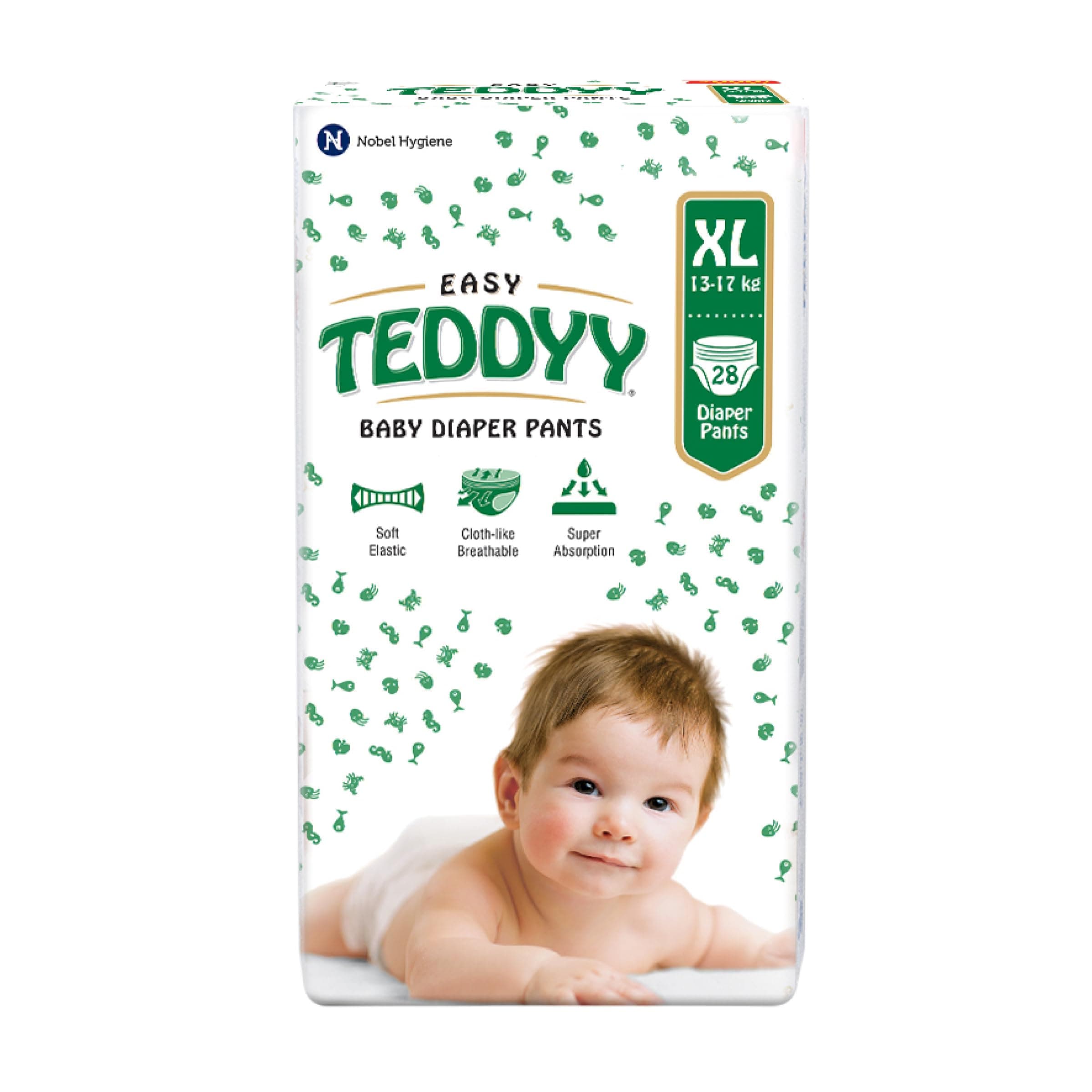 TEDDYY Easy Baby XL Size Diaper Pant Style | 28 Count (Extra Large) | 12-17 kgs (Pack of 1) | Long Protection Hours | Anti-Bacterial | Airy Breathable Fit | Rapid Soaker Channels with Wetness Indicator