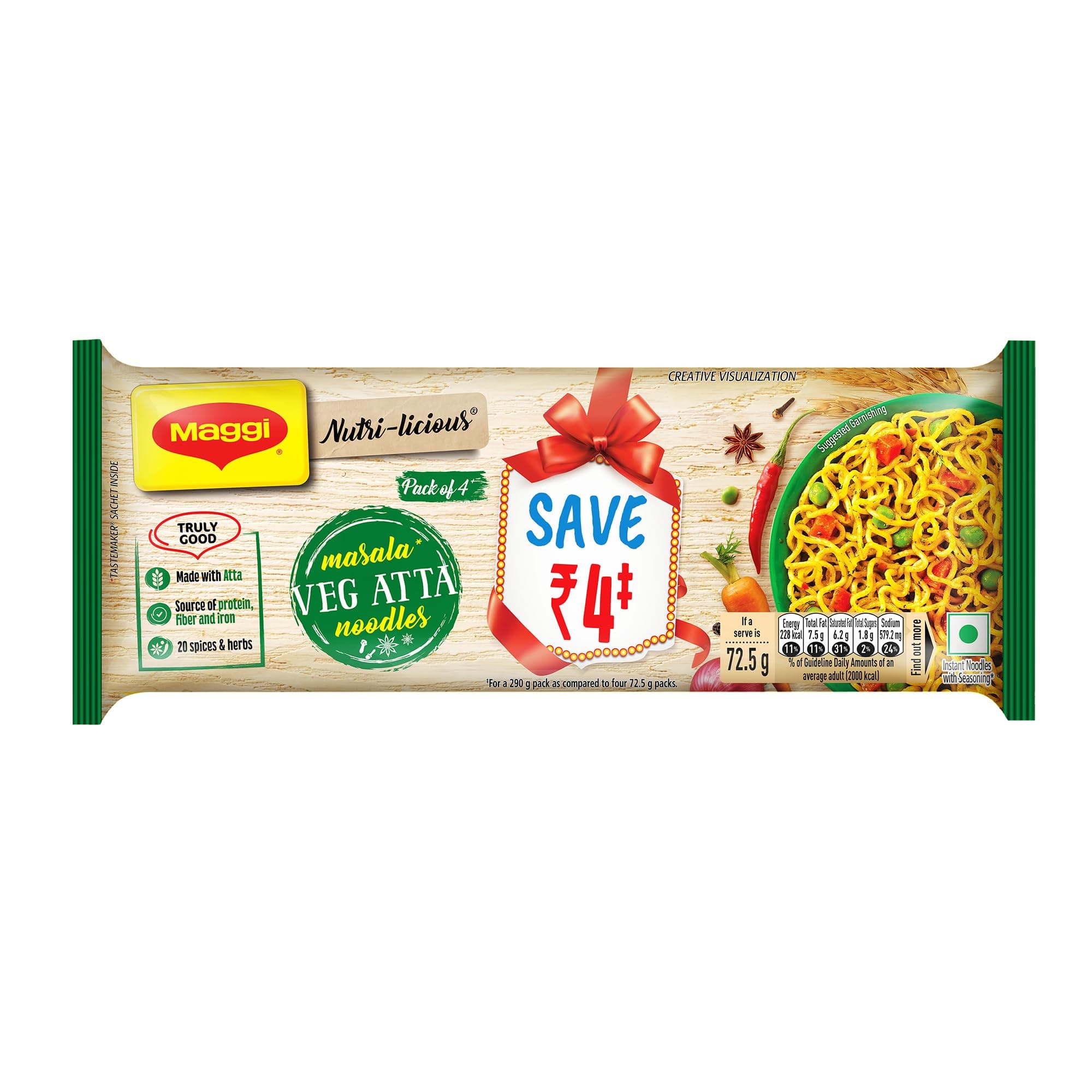 MAGGI Nutri-licious Masala Veg Atta Noodles, Instant Noodles with 20 Spices & Herbs, Source of Fibre, Protein & Iron, 290g
