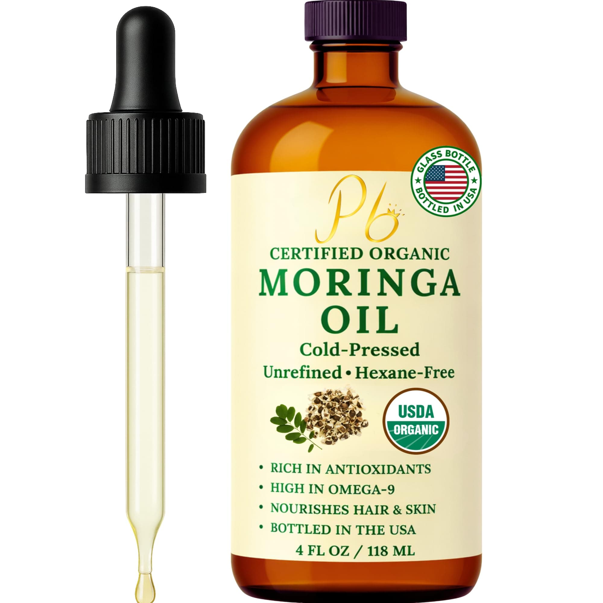 Organic Moringa Oil – USDA Certified 100% Pure, Cold-Pressed & Unrefined – Moringa Seed Oil for Face, Skin, Hair & Body – Hydrating, Anti-Aging Moisturizer – 4 fl oz Amber Glass Bottle