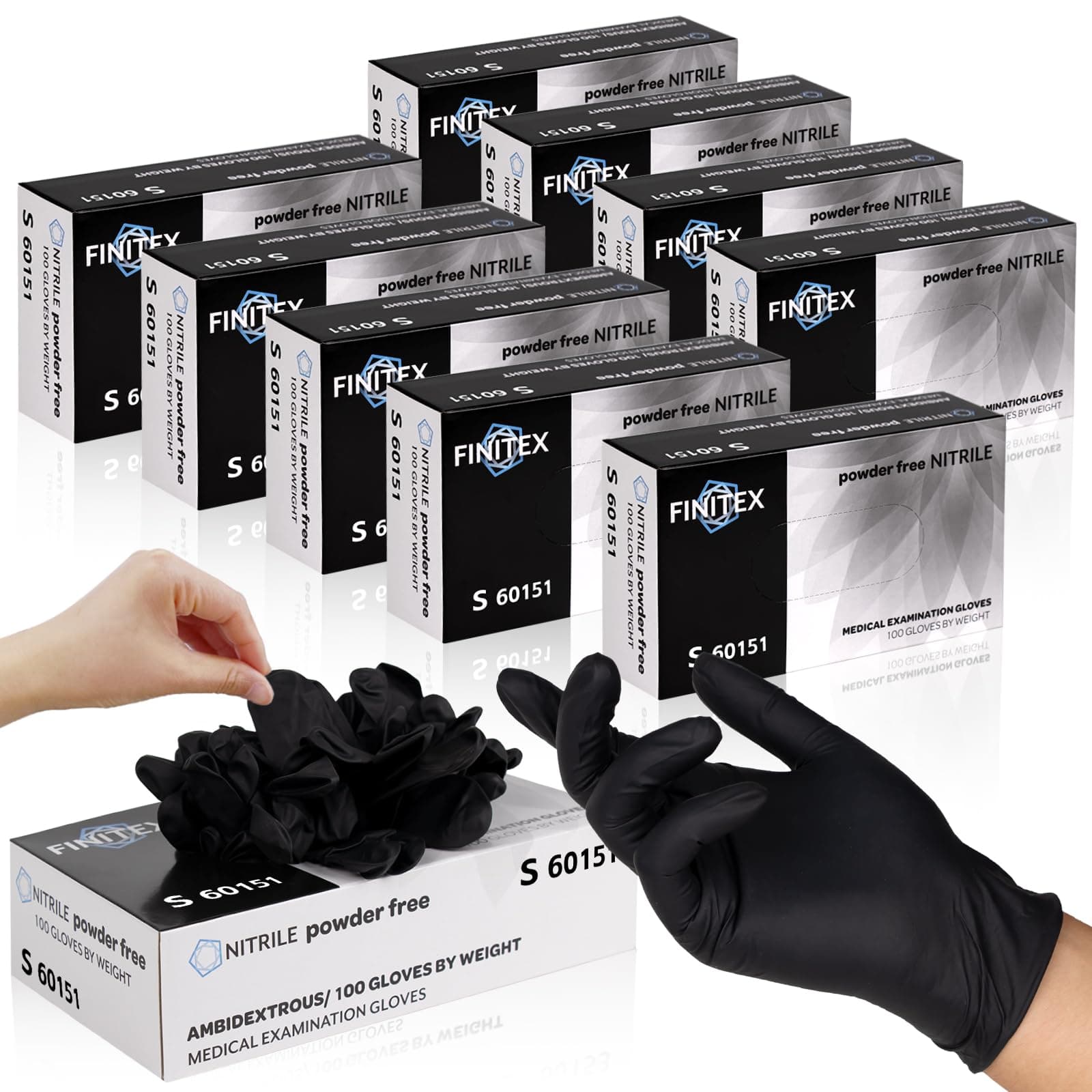 FINITEX - Black Nitrile Disposable Gloves, Exam Gloves, Powder-free, Latex-free, 3mil, Case of 10 Boxes