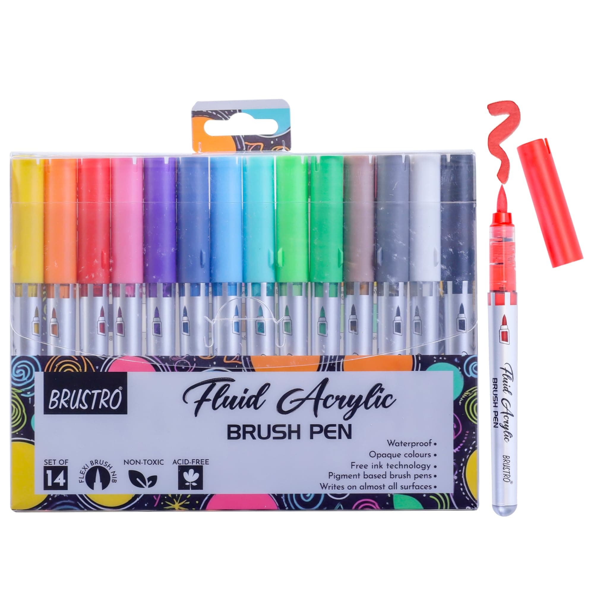 Fluid Acrylic Brush Pen | Set of 14 | Waterproof, Fast Drying, Opaque Colors, Highly Pigmented | Ideal for Colouring, Drawing, Doodling, Marker, Professional Art & Craft