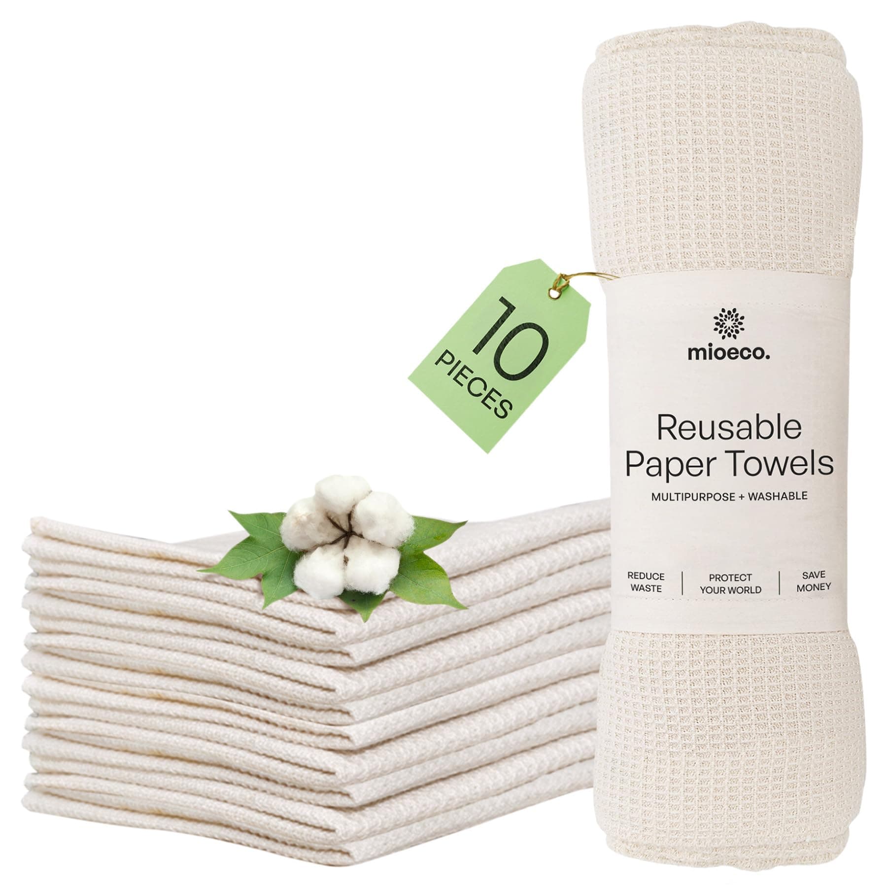 mioeco Organic Cotton Reusable Cloth Paper Towels (10 Pack)