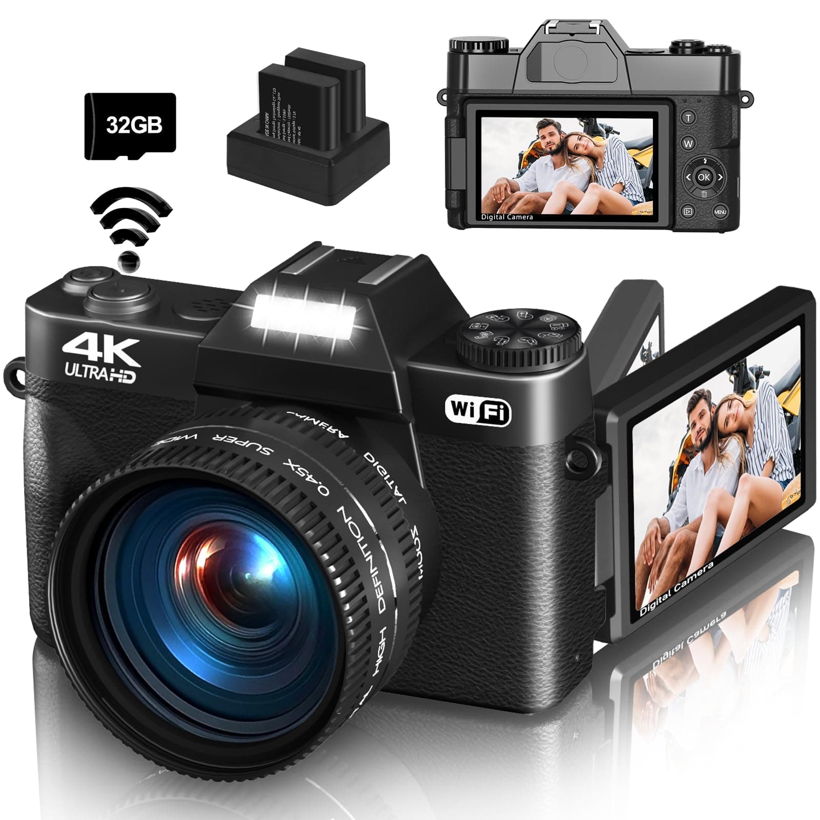 4K Digital Camera for Photography & Vlogging, 56MP YouTube Camera with WiFi, 3" 180° Flip Screen, 16X Digital Zoom, 52mm Wide Angle & Macro Lens, 32GB TF Card, 2 Batteries – Black