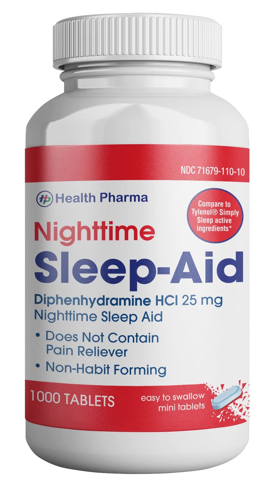Health Pharma Nighttime Sleep-Aid, Diphenhydramine HCL Caplets, 25 mg (Blue), 1000 Count