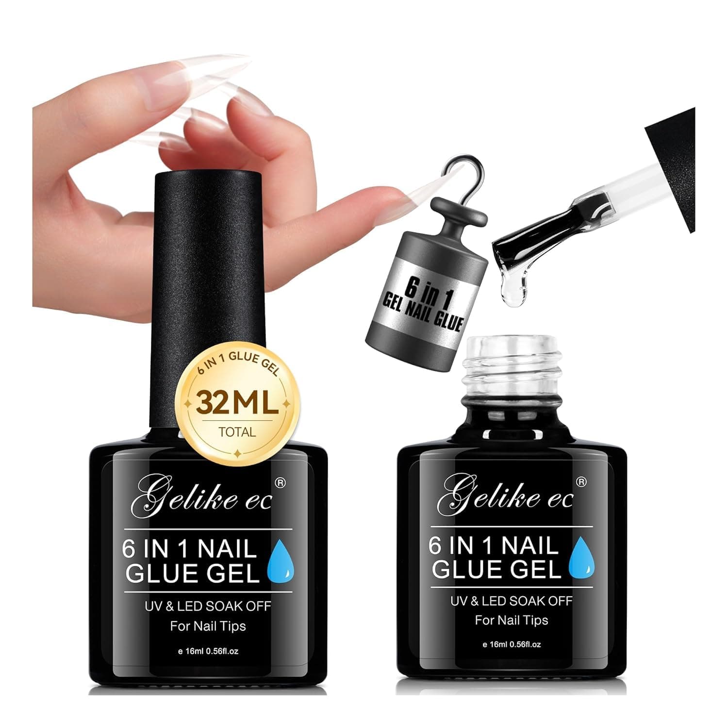 Gelike EC UV Nail Glue Gel: 32ML 6 in 1 Strong Glue Nail for Extension Home DIY Clear UV Cure Adhesive for Acrylic Nails & Press On Nails Tips 12 Toxic-Free