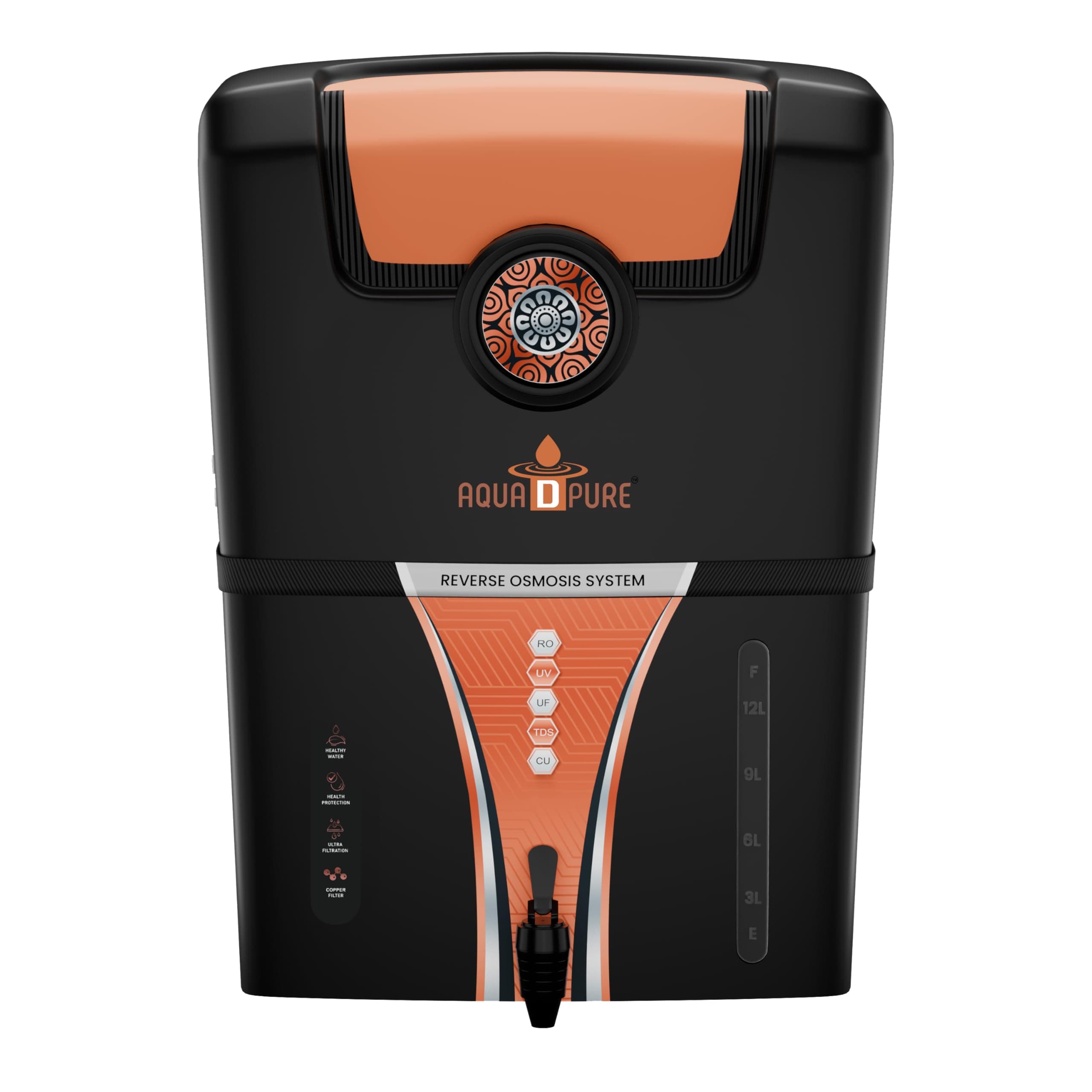 Bio Aqua Copper Infuser RO Water Purifier with 10 Stage Purification Filtration, UV, UF, TDS Adjuster and 12 Litre Large Storage Tank, Black