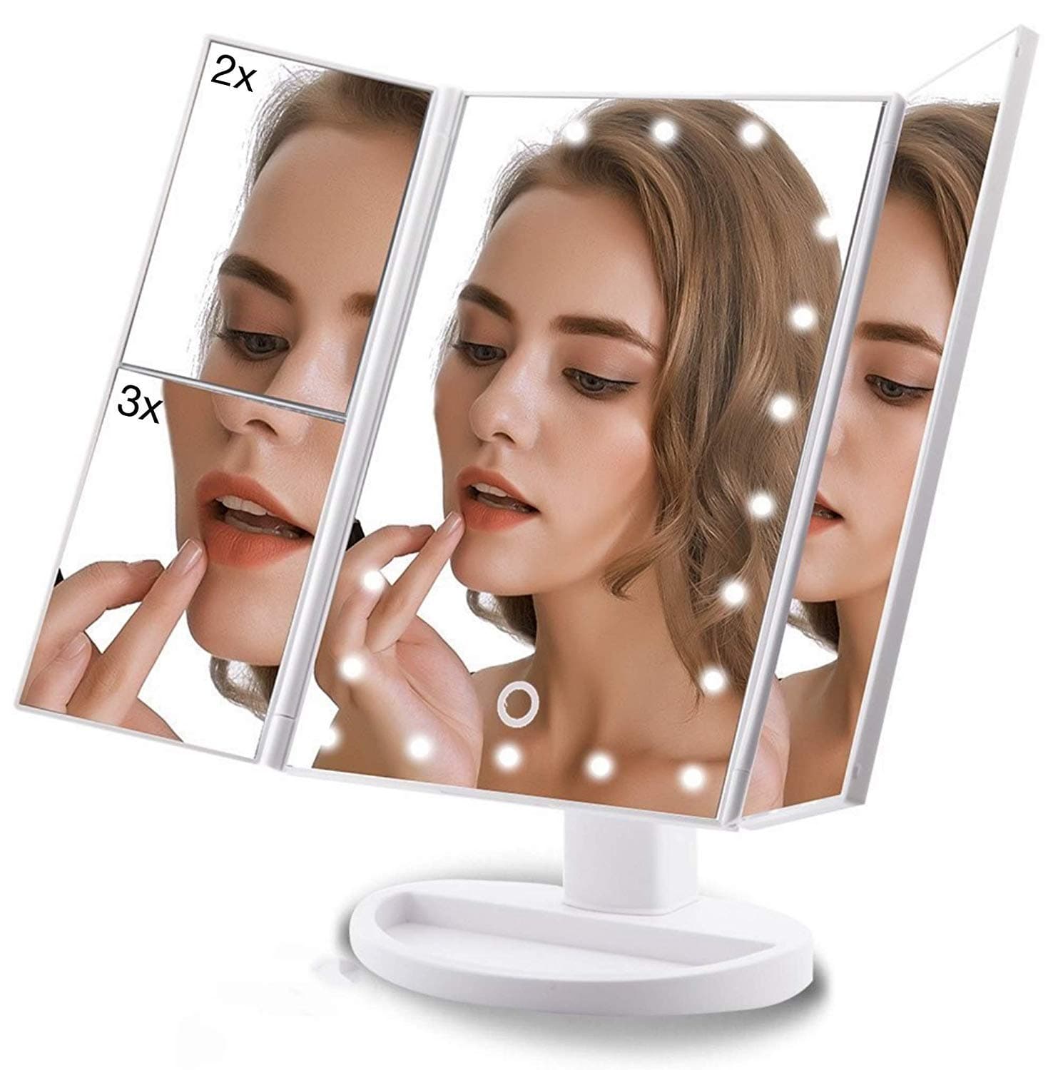 22 LED Light Mirror Make Up Mirror With 2X 3X Magnifying Dressing Table Makeup Mirror, 3X/2X Magnifying Trifold Vanity Mirror with 22 LED Lights, 180° Rotation Touch Screen Cosmetic Mirrors-White