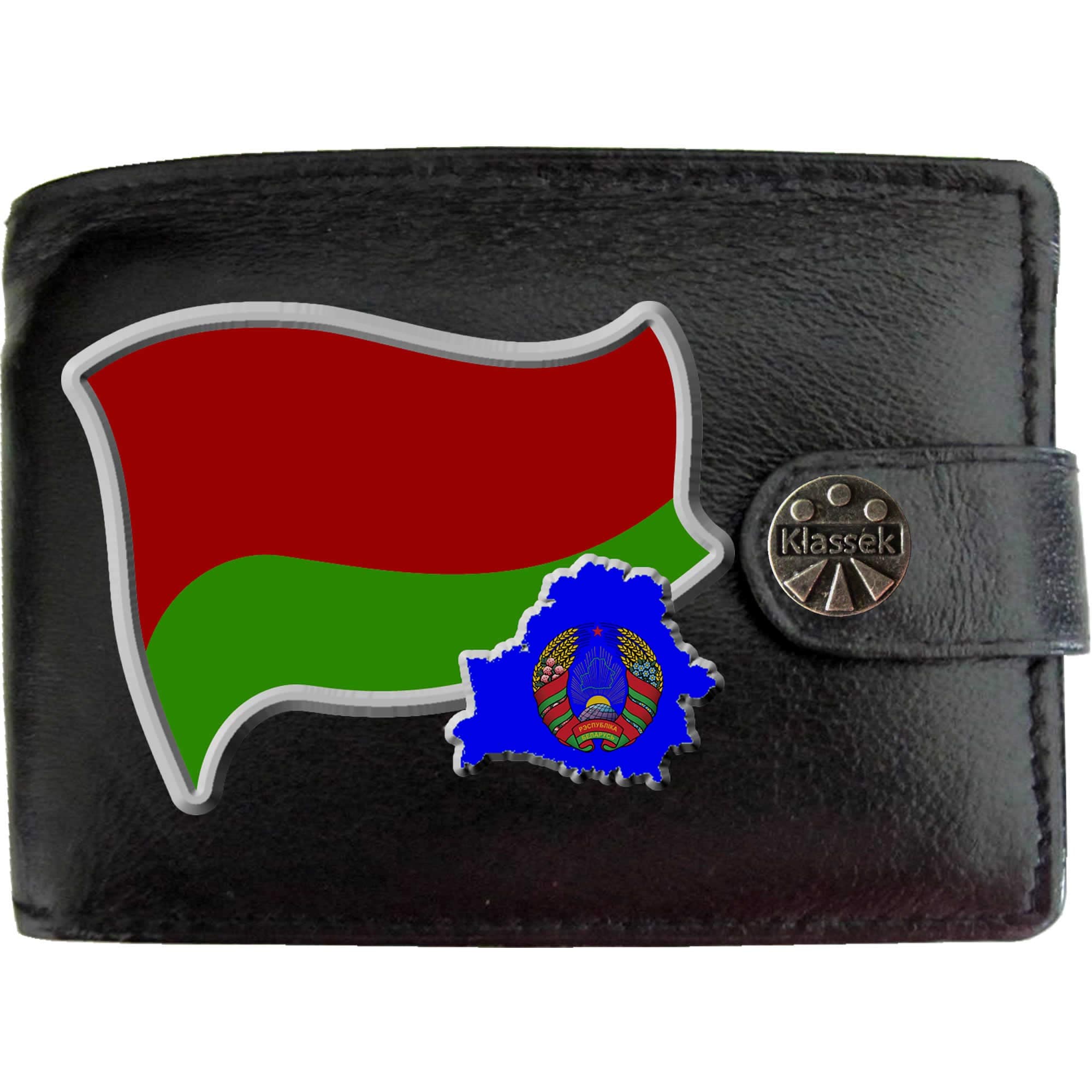 Belarus Flag Belarusian Map and Coat of Arms COA KLASSEK Mens Wallet Real Black Leather RFID Blocking with Coin Pocket and Metal Gift Box