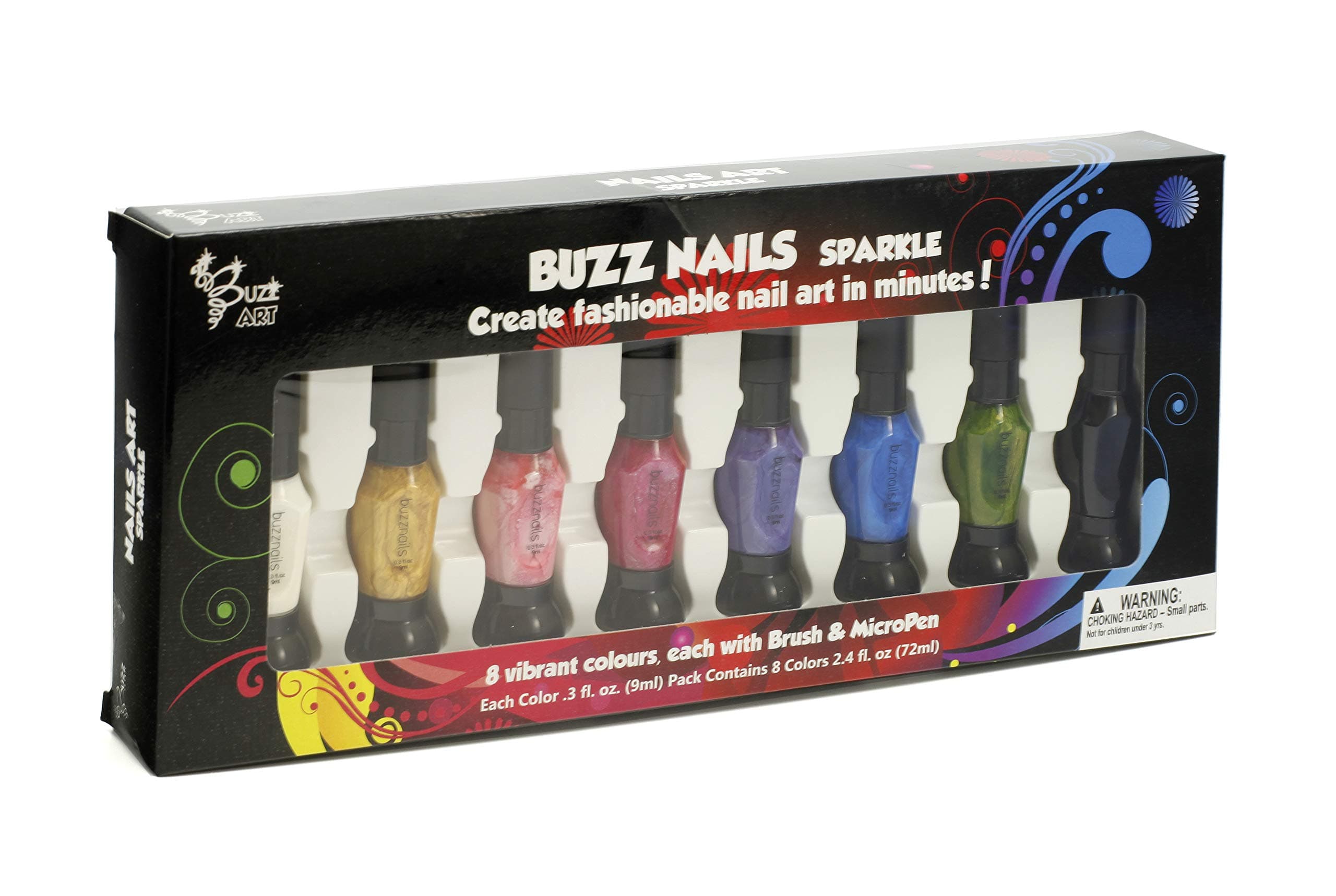 Thunder Bee Buzz Nails Sparkle Nail Art Kit – 8 Vibrant Colors with Brush & MicroPen, Quick-Dry Nail Polish Set for Fashionable Nail Designs (0.35 fl oz Each)