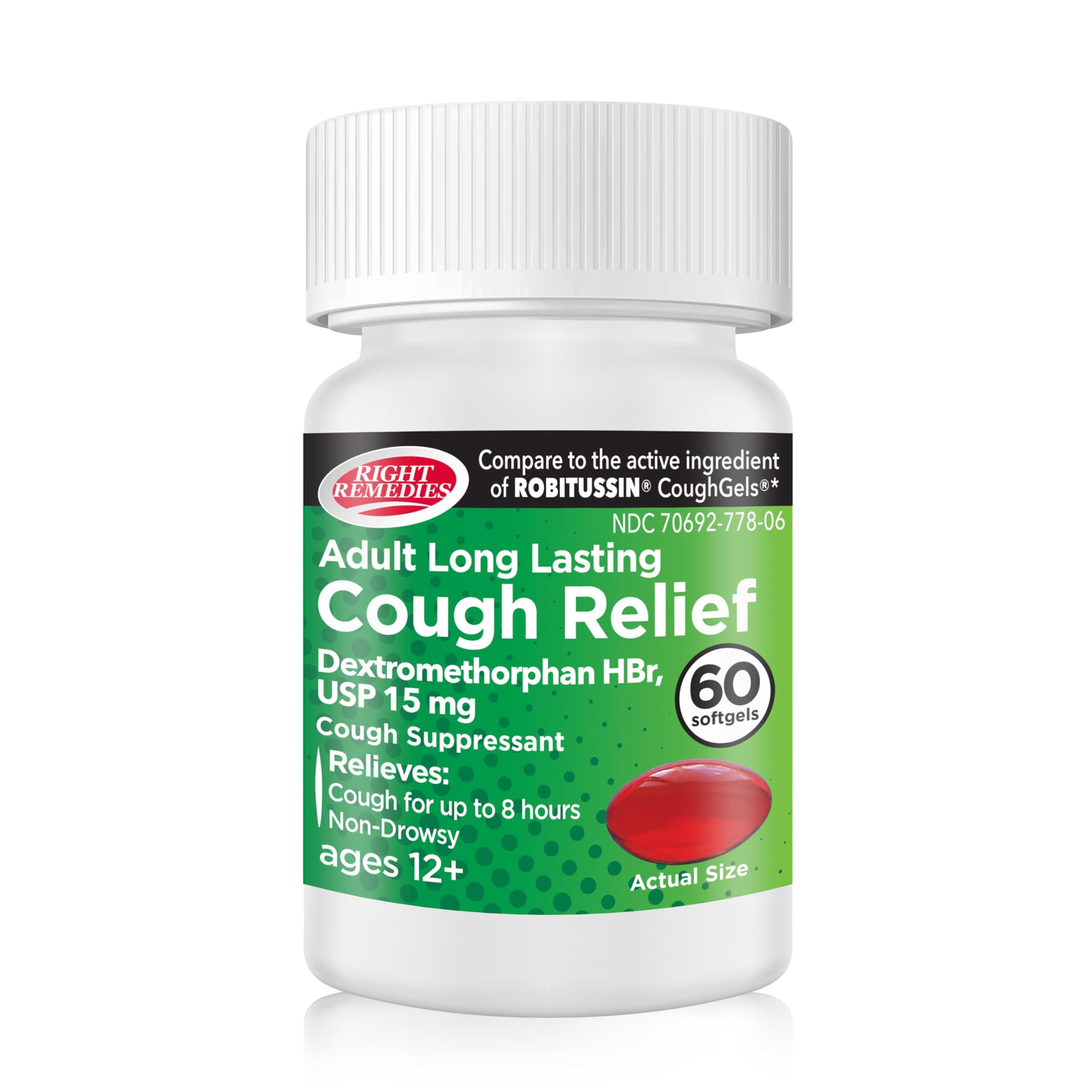 Cough Relief Softgels, Dextromethorphan HBr 15mg, up to 8-Hour Long-Lasting, Non Drowsy Bronchial Suppressant, Generic Coughgels Compare to National Brand (60 Softgels)