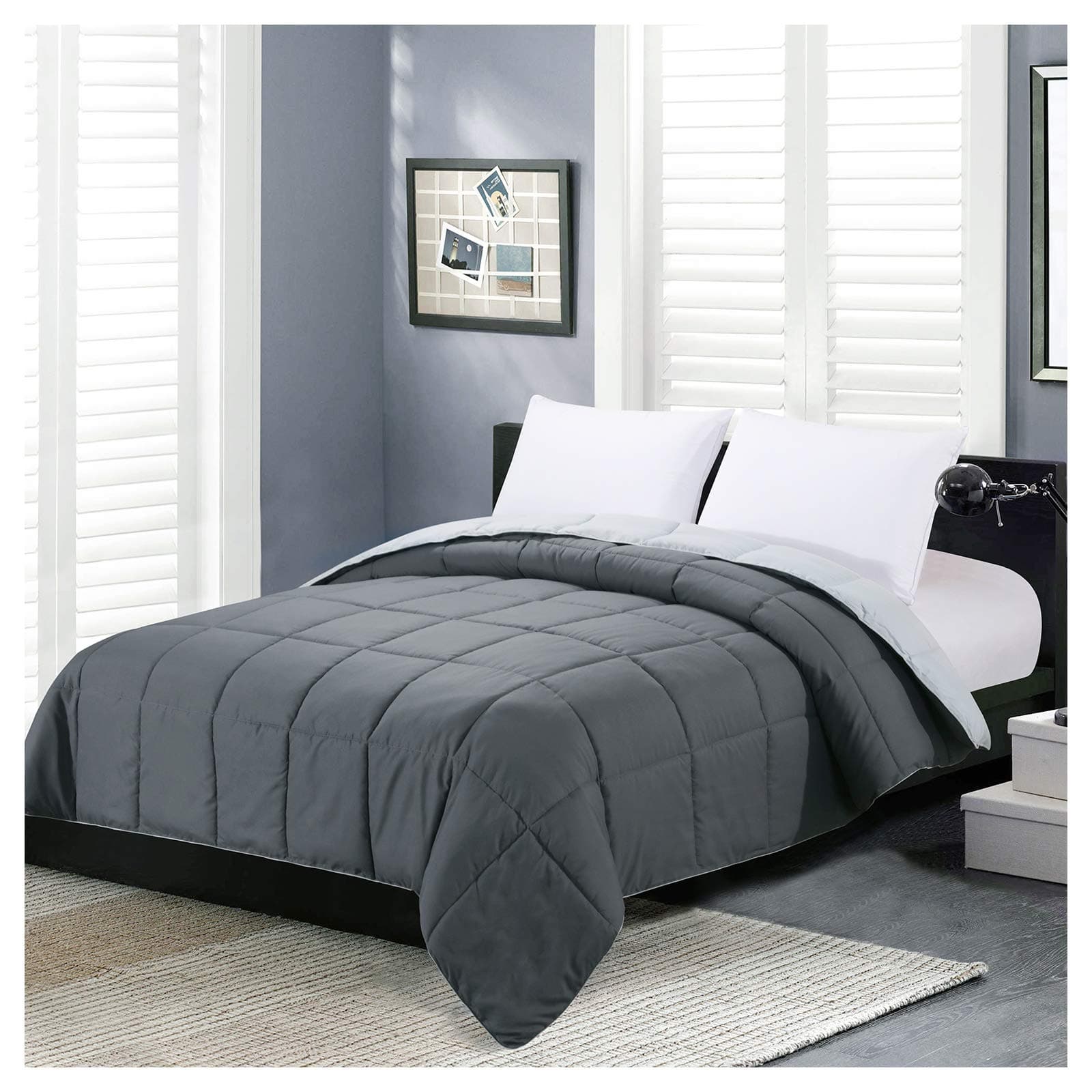 Homelike MomentLightweight Queen Comforter - Grey Down Alternative Bedding Comforters Queen Size, All Season Duvet Insert Quilted Reversible Bed Comforter Soft Queen Full Size Dark Gray/Light Grey