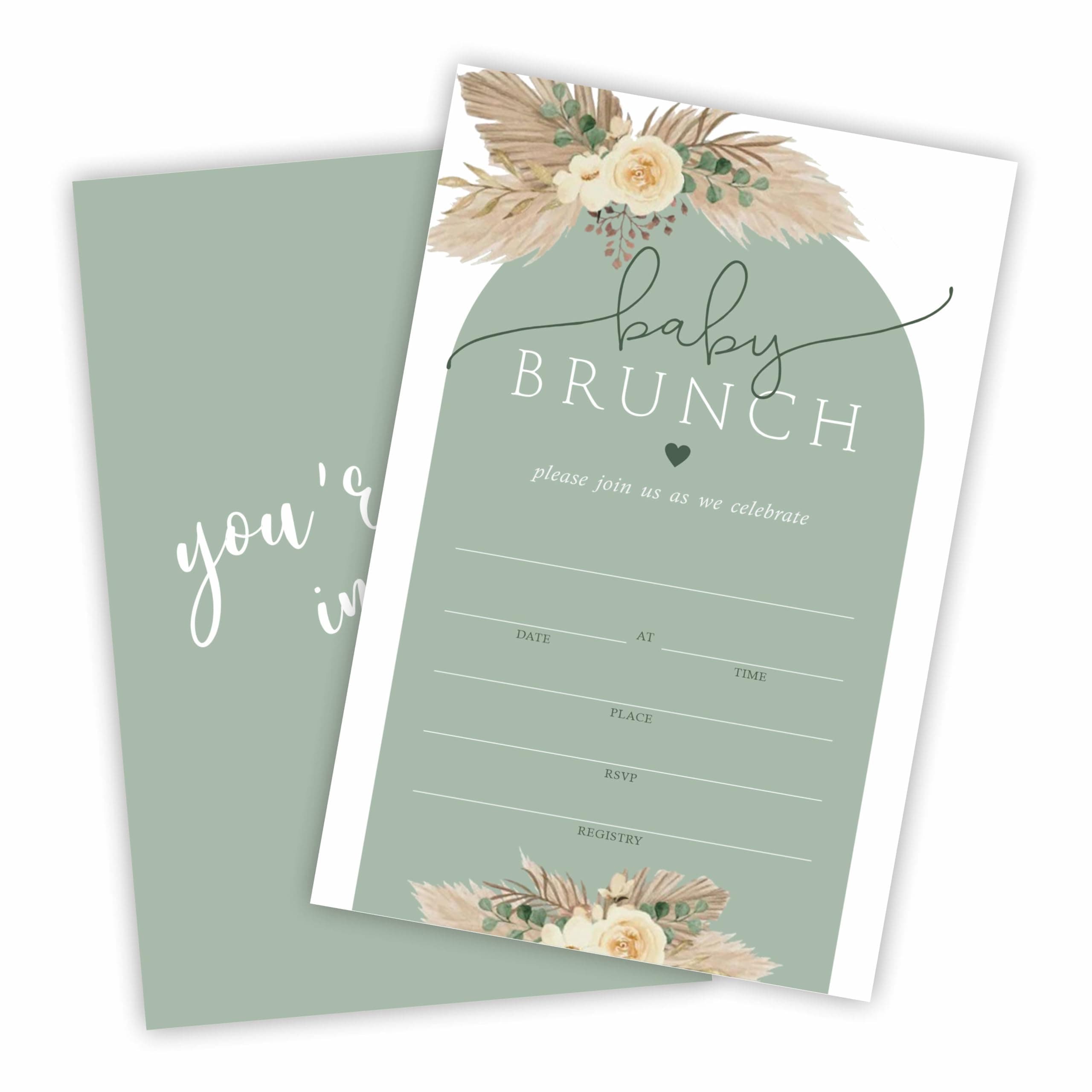 Baby Brunch Invitation for Baby Shower, 25 Double Side Fill In Boho Floral & Green Arch Invites With Envelopes For Boys And Girls, Baby Announcement, Gender Reveal Party Supplies & Decorations - B07