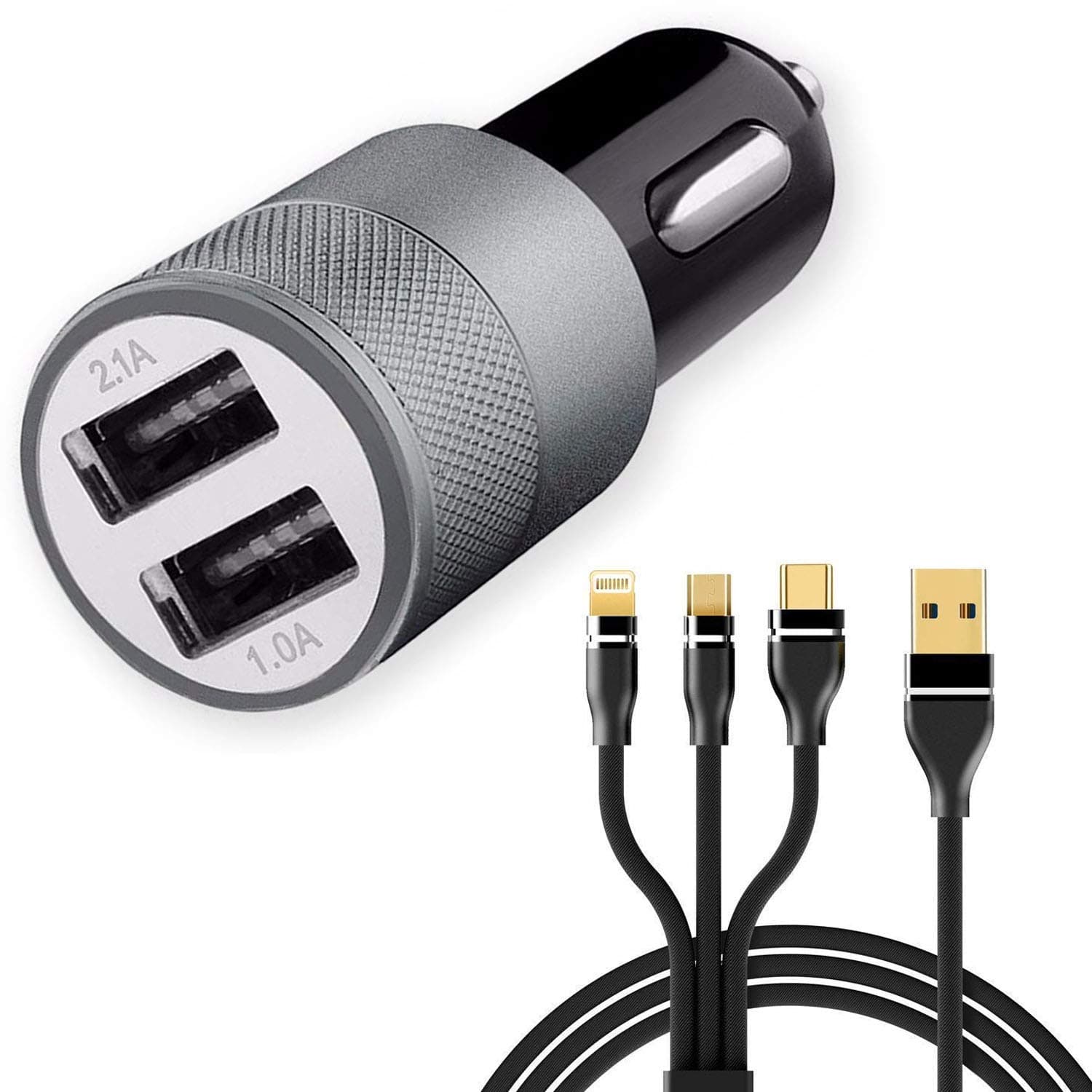 GoSale 3.1 Amp Dual USB Port Car Charger for Jeep 7-Seater SUV, Compass, Compass 2021, Compass Trailhawk, Grand Cherokee, Renegade, Wrangler Car Charger | High Speed Rapid Fast Turbo Metal Android & Tablets Car Mobile Charger With Micro USB/Type-C Cable (DGM, Multi)