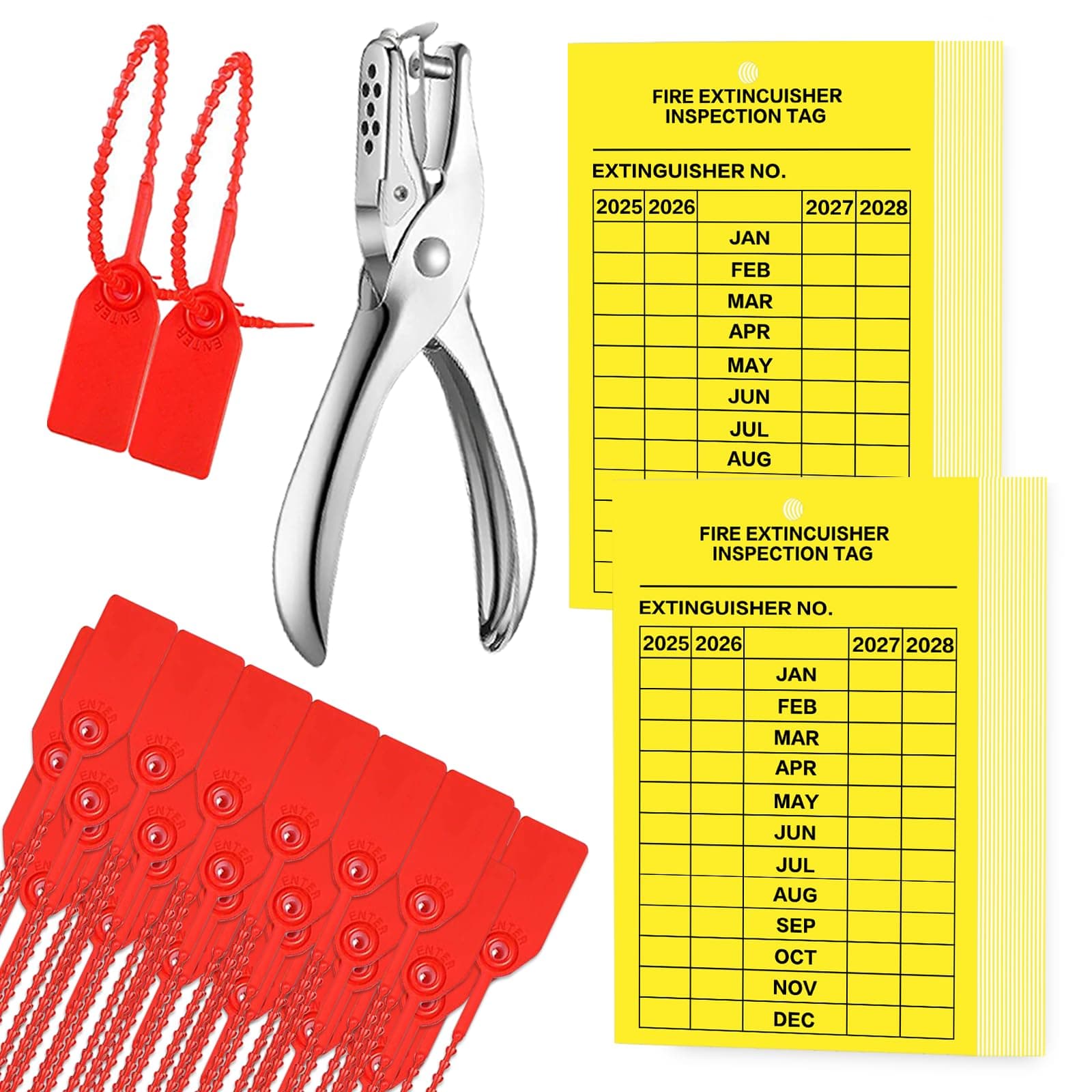 DTESL 2023 A Total of 101 in The Fire Extinguisher Plastic Usurping and Maintenance Labels, with Handheld Holes Punching Device to Protect The Number of Security Labels (3.94 x 2.76, Yellow)