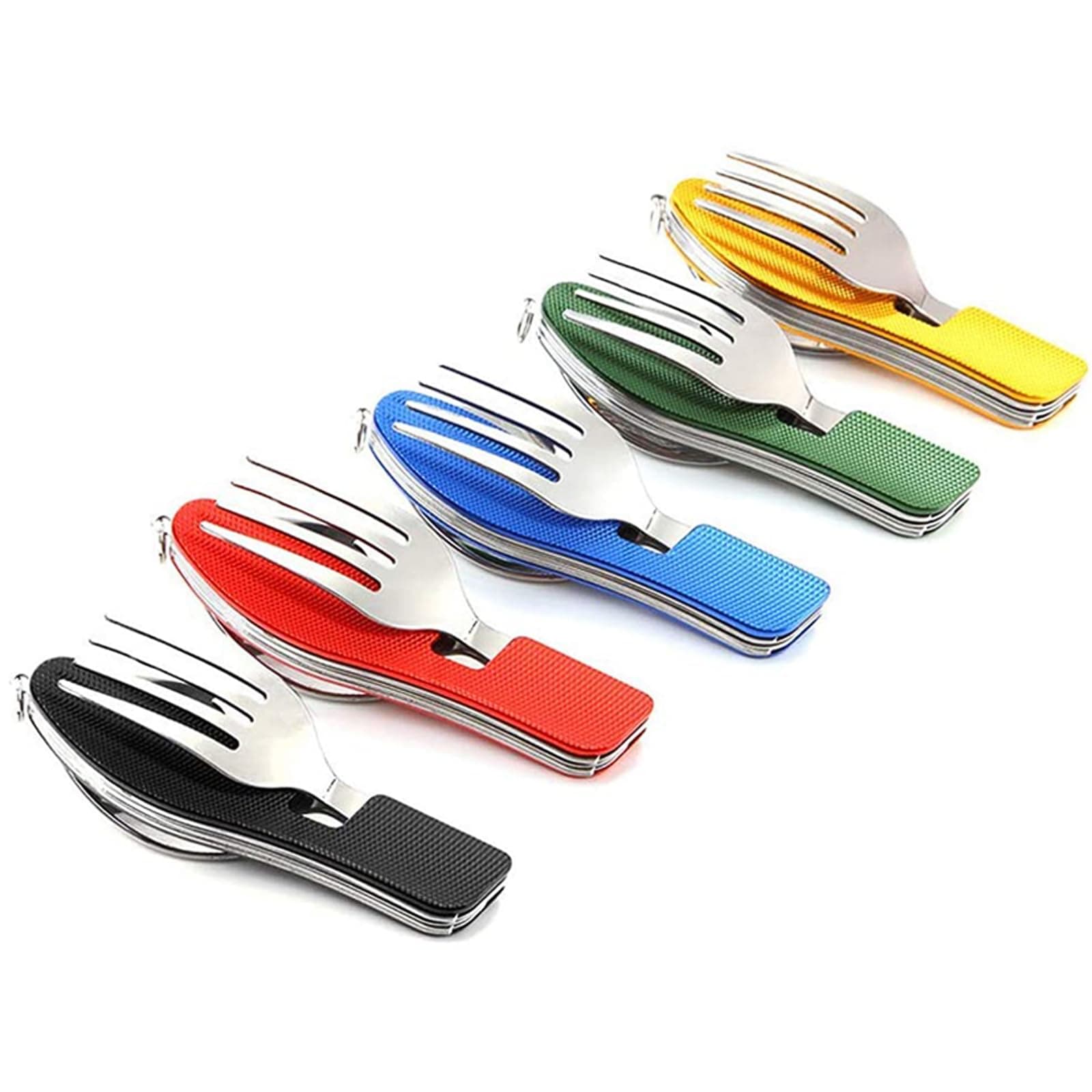 5 Pack Camping Utensils, 4-in-1 Portable Stainless Steel Cutlery with Fork, Spoon, Knife, and Bottle Opener - Lightweight, Detachable, and Durable Camping Silverware for Outdoor Events and Adventures