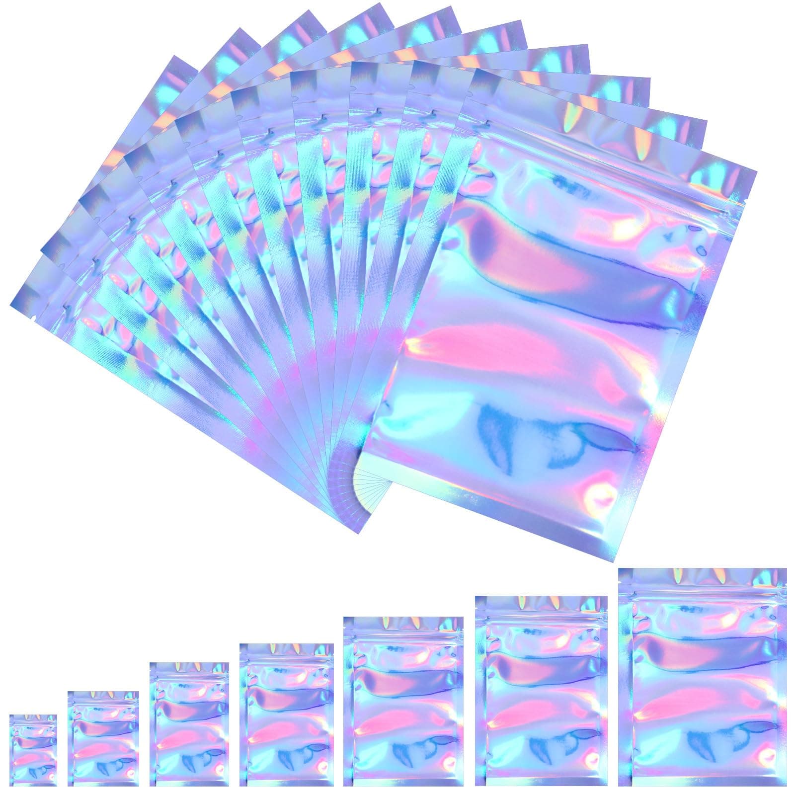 100 Pieces Resealable Foil Proof Bags Scent Proof Flat Pouch Clear Smell Sealable Packing Bags Iridescent for Food Storage Snack Jewelry(3.3 x 5.1 Inches,Holographic Color)