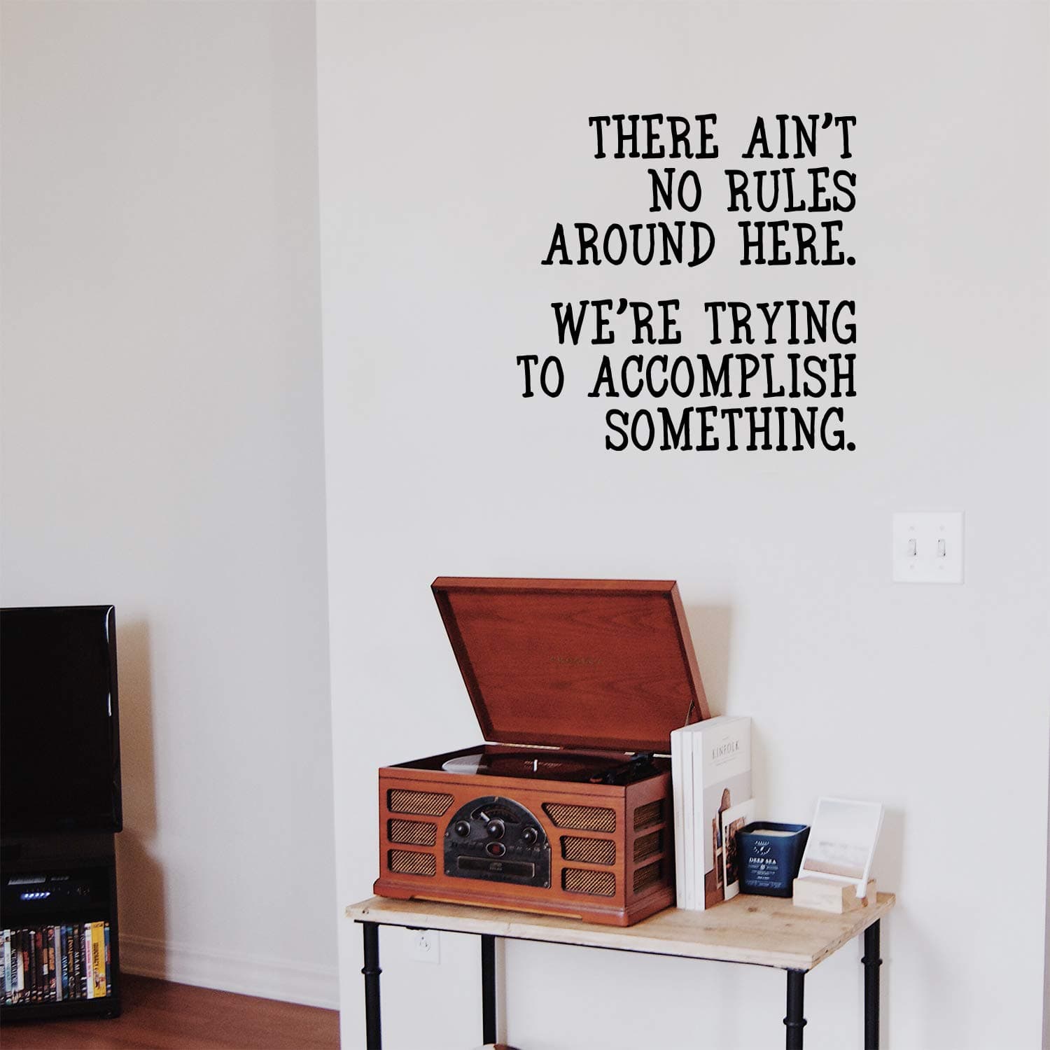 Vinyl Wall Art Decal - There Ain't No Rules Around Here - 23" x 23" - Motivational Office Workplace Business Quote Sticker - Peel and Stick Wall Home Living Room Bedroom Decor (23" x 23", Black)