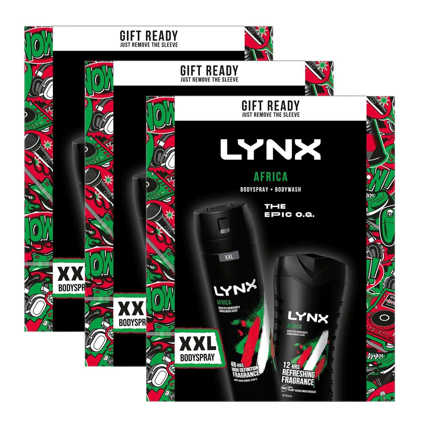 LynxTHE EPIC O.G. Africa 48 H High Definition Fragrance XXL Bodyspray 250 ml & 12 H Refreshing Bodywash 225 ml 2 Pieces Ready to Wrap Gift Set For Him,3pk