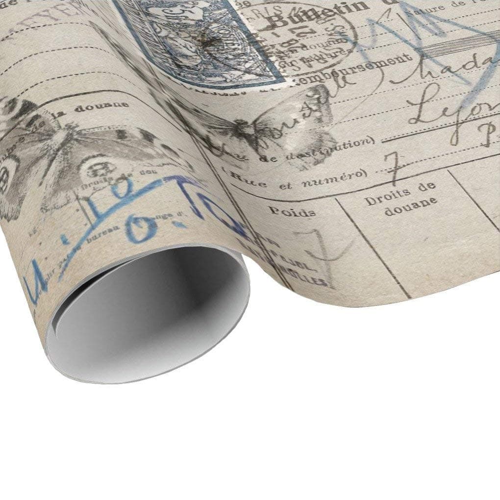 French Travel Document Gift Wrap Sheets - Stamps and Butterflies Wrapping Paper - Gift Paper - Craft Decoupage Collage Paper
