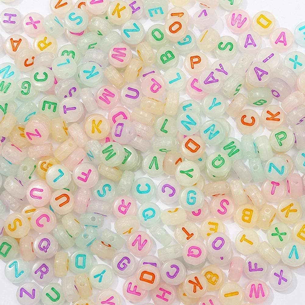 Alphabet Letter Beads 1000 pcs Glow in The Dark Acrylic Alphabet Beads Round 4X7mm UV Letter Beads Jewelry Findings Charms for DIY Bracelet Necklace Craft Making (bg white - color)