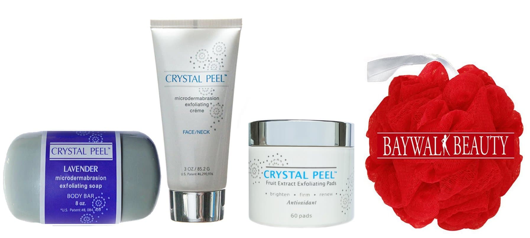 Crystal Peel Lavender Microdermabrasion Exfoliating Soap Body Bar 8 Ounce, Exfoliating Creme 3 Ounce, Fruit Extract Exfoliating Pads 60ct With FREE Shower Pouf