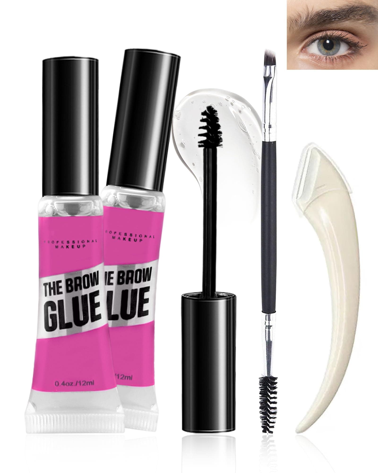 Waterproof Brow Gel Clear, 2PCS Strong Hold Eyebrow Gel Set, Thickening Eyebrow Mascara Long-Lasting Quick-Drying Transfer-Proof Brow Setting Glue Kit, Natural-Looking Brows, Women Girl Eye Makeup-00#
