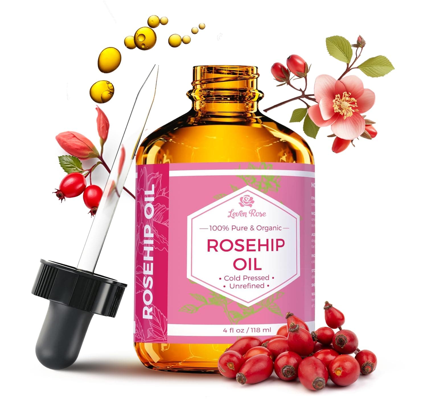 Leven Rose hip Seed Oil, 100% Pure Organic Unrefined Cold Pressed Anti Aging Hip Moisturizer for Hair Skin & Nails (4 oz)