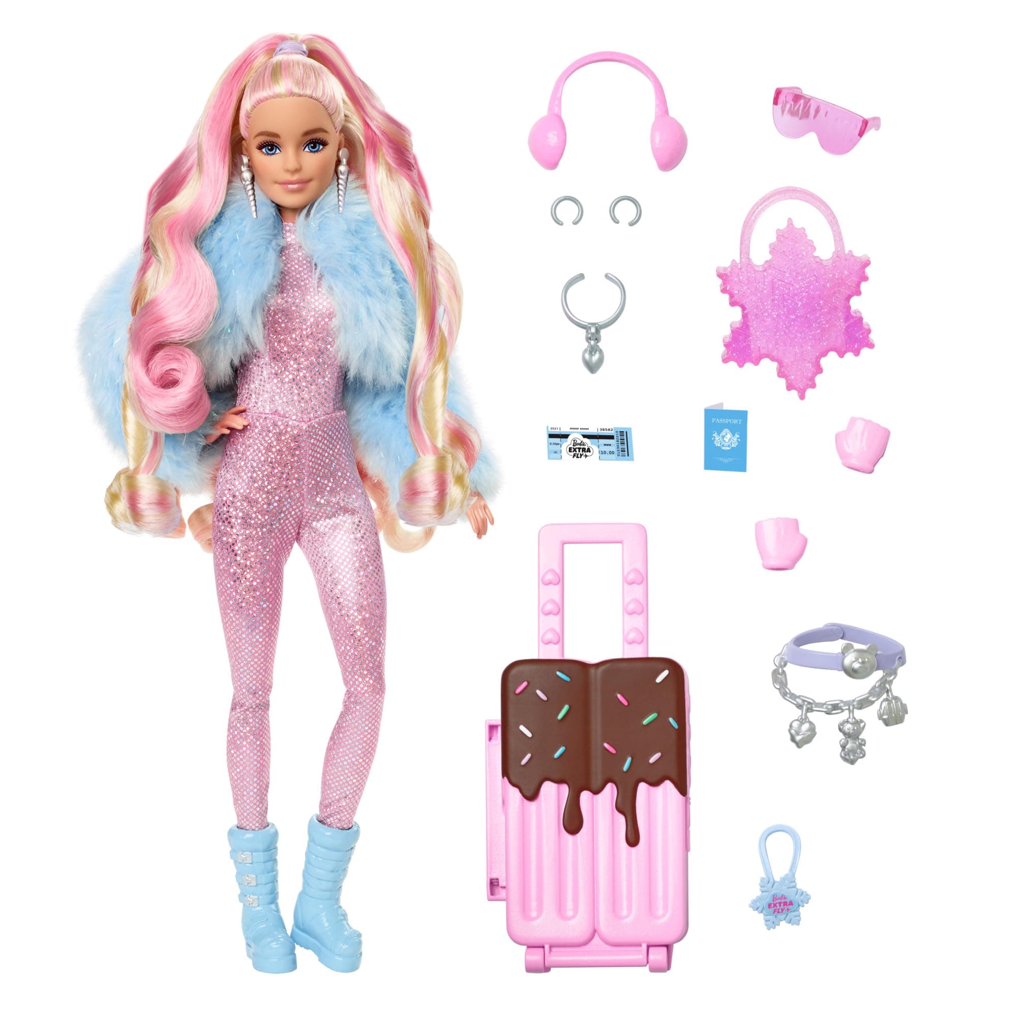 Barbie Extra Fly Doll with Snow-Themed Travel Clothes & Accessories, Sparkly Pink Jumpsuit & Faux Fur Coat